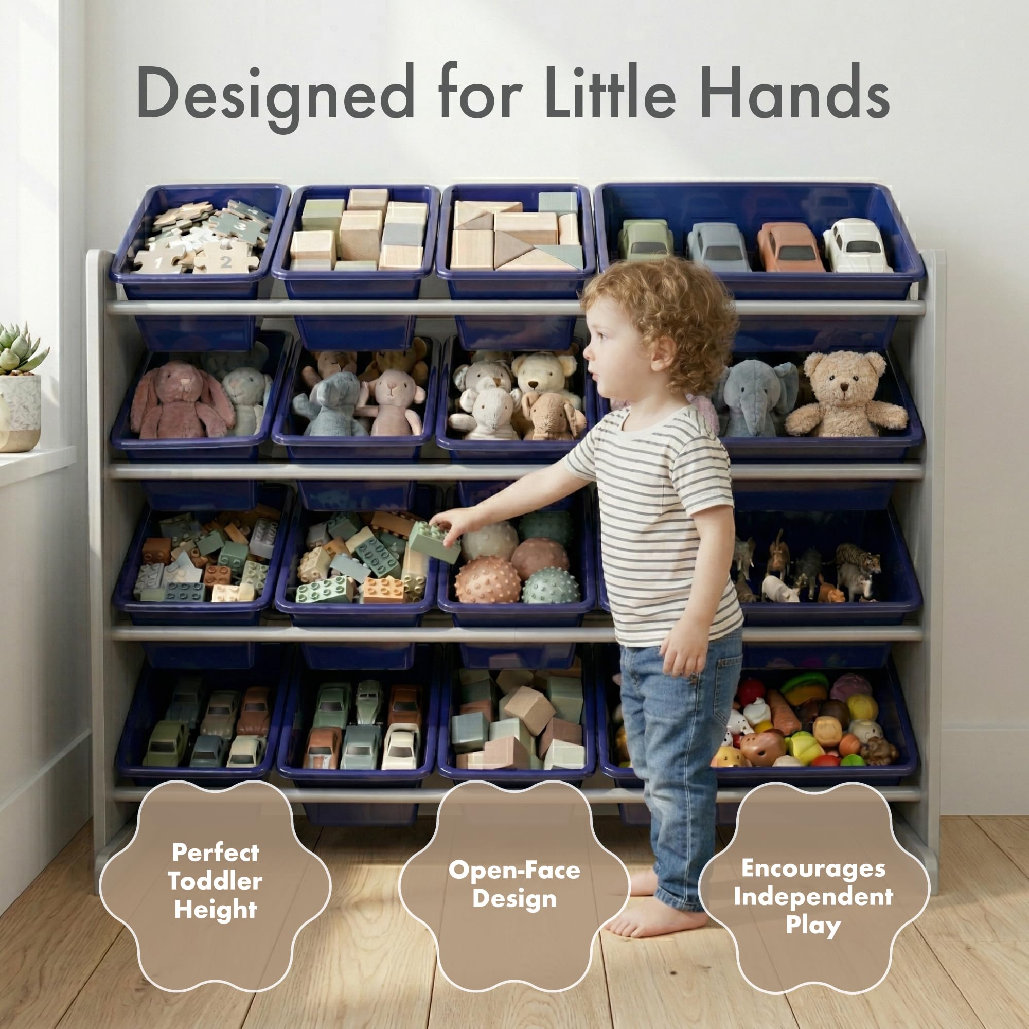Humble Crew Organizer per giocattoli di grandi dimensioni con 16 contenitori rimovibili, grigio/blu navy, grande contenitore per giocattoli per bambini, ideale per camerette, stanze dei giochi e asili
