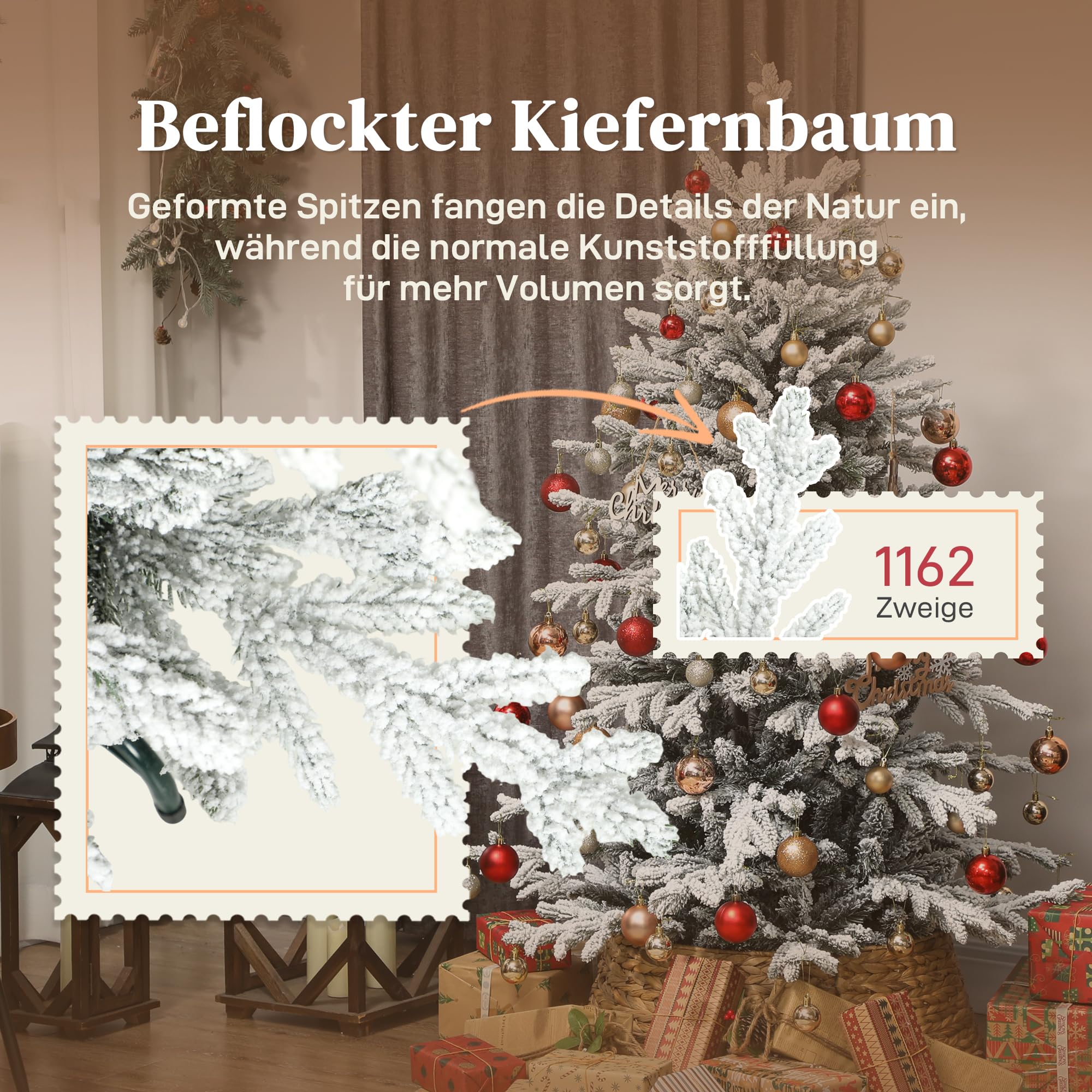 HOMCOM Künstlicher Weihnachtsbaum 150cm mit Schnee 1162 Zweigen Grün | Christbaum, Kiefernbaum mit Klappbarem Metallständer
