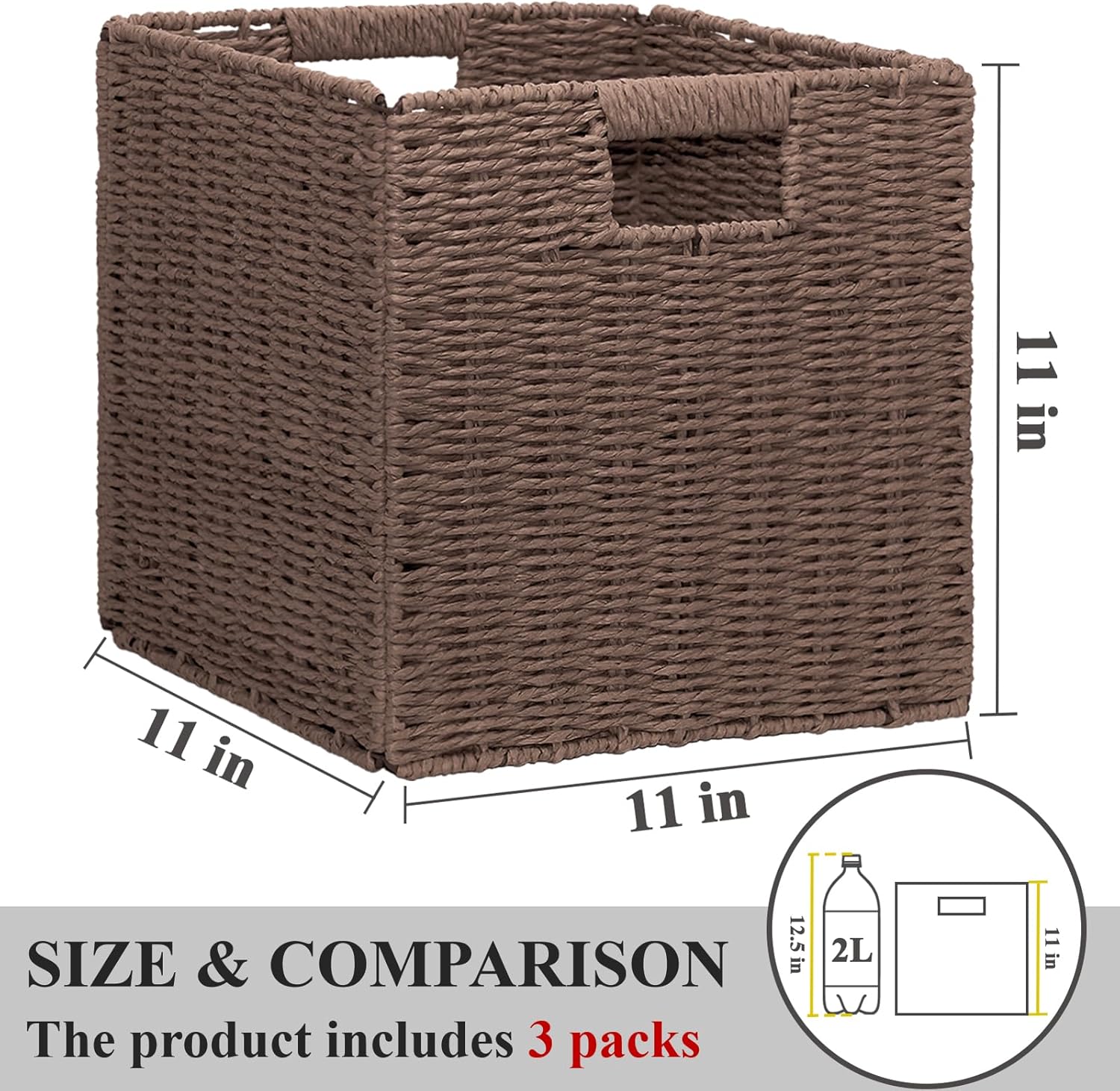 Wicker Storage Baskets for Organizing, 3 Pack Rustic Foldable Square Basket for Shelves, Handwoven Cubby Organizer Bins for Home Decor, Small Cube Storage Bin for Closet Organization (Natural 11 inch)