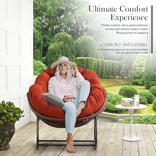 Miniatura 12 de Mecedora para exteriores, silla mecedora de huevos de mimbre de gran tamaño, para interiores y exteriores, cómoda silla mecedora con cojín grueso