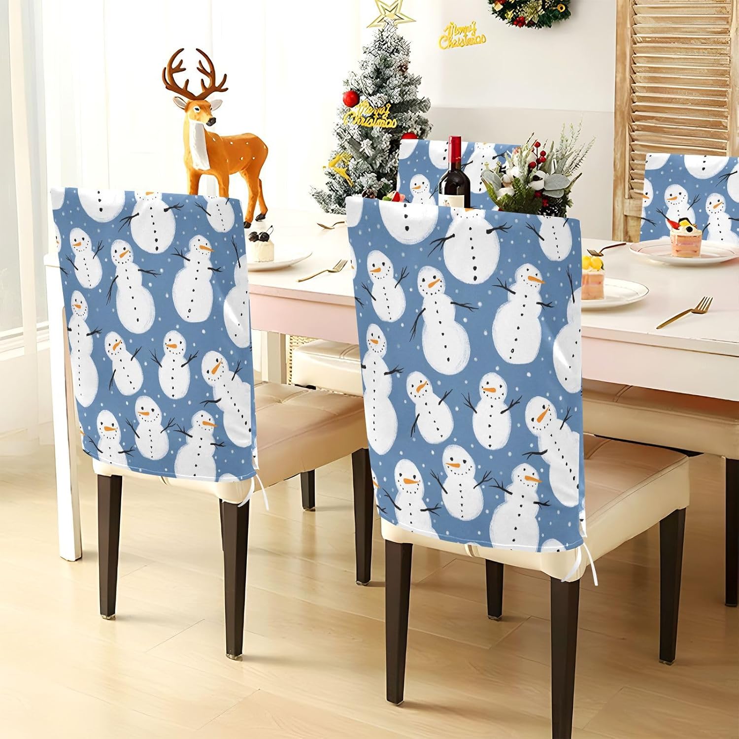 MNSRUU Christmas Chair Back Cover for Dining Room,Snowman Chair Slipcovers Set of 6, Snowman Chair Cover for Kitchen Hotel Holiday Party Decor,13
