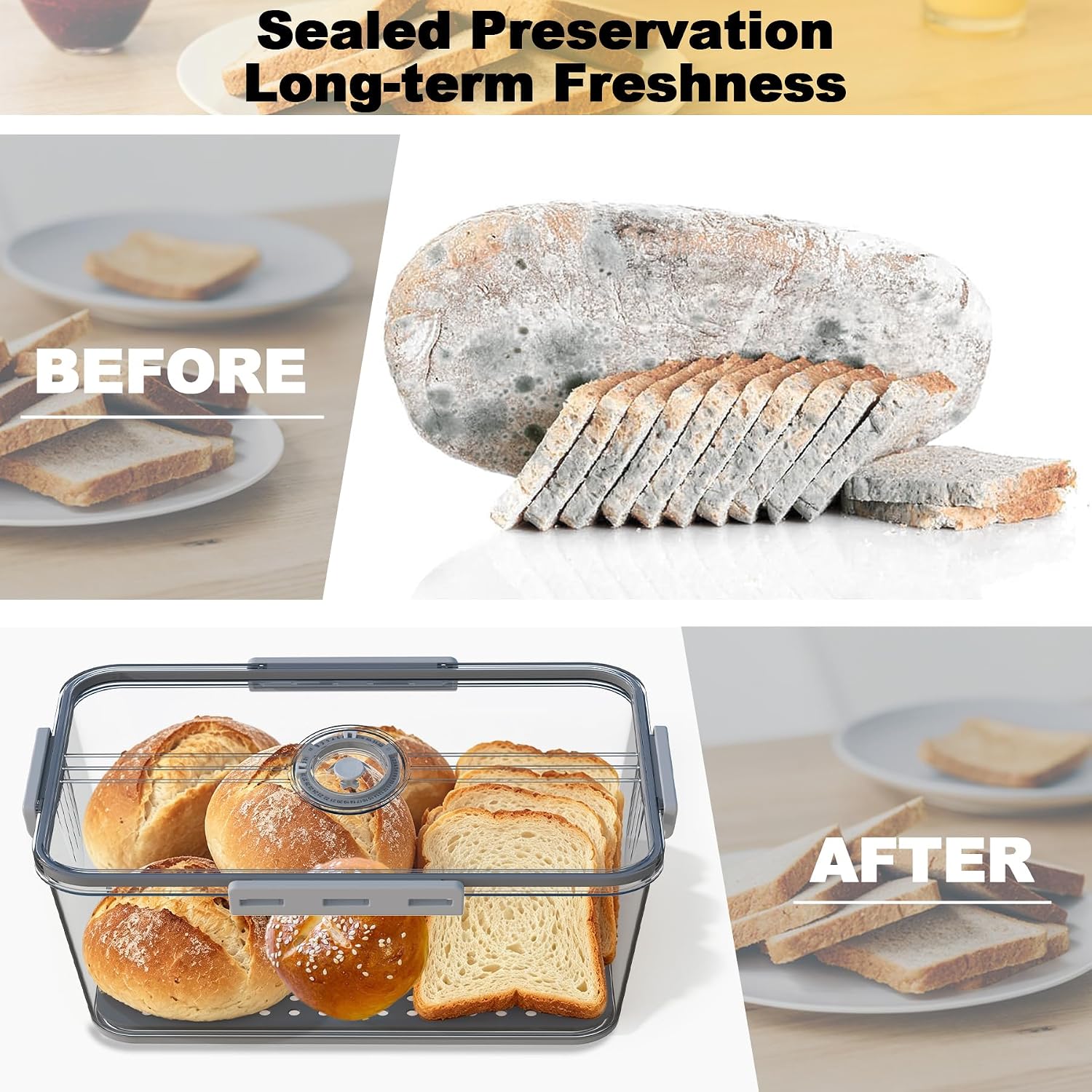 Jairuty 2PCS Bread Boxes for Kitchen Counter Airtight,Time Recording Bread Storage Container,Bread Box for Homemade Breads,Toast, Bagel, Donut and Cookies,Not dishwasher safe (Grey)