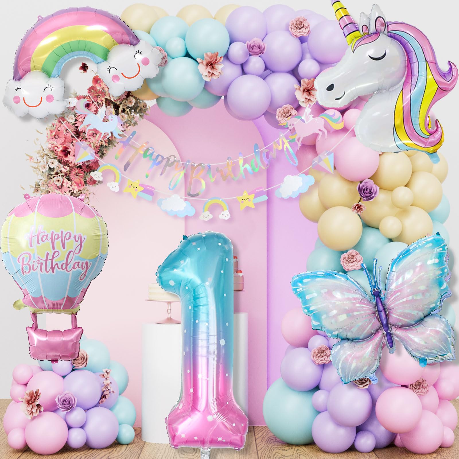 Einhorn Geburtstagsdeko Mädchen, 5 Jahre Schmetterling Geburtstag Deko, Einhorn Deko Kindergeburtstag, 1-10 Jahre Happy Birthday Deko, Einhorn Luftballons für 5. Geburtstag Mädchen Deko
