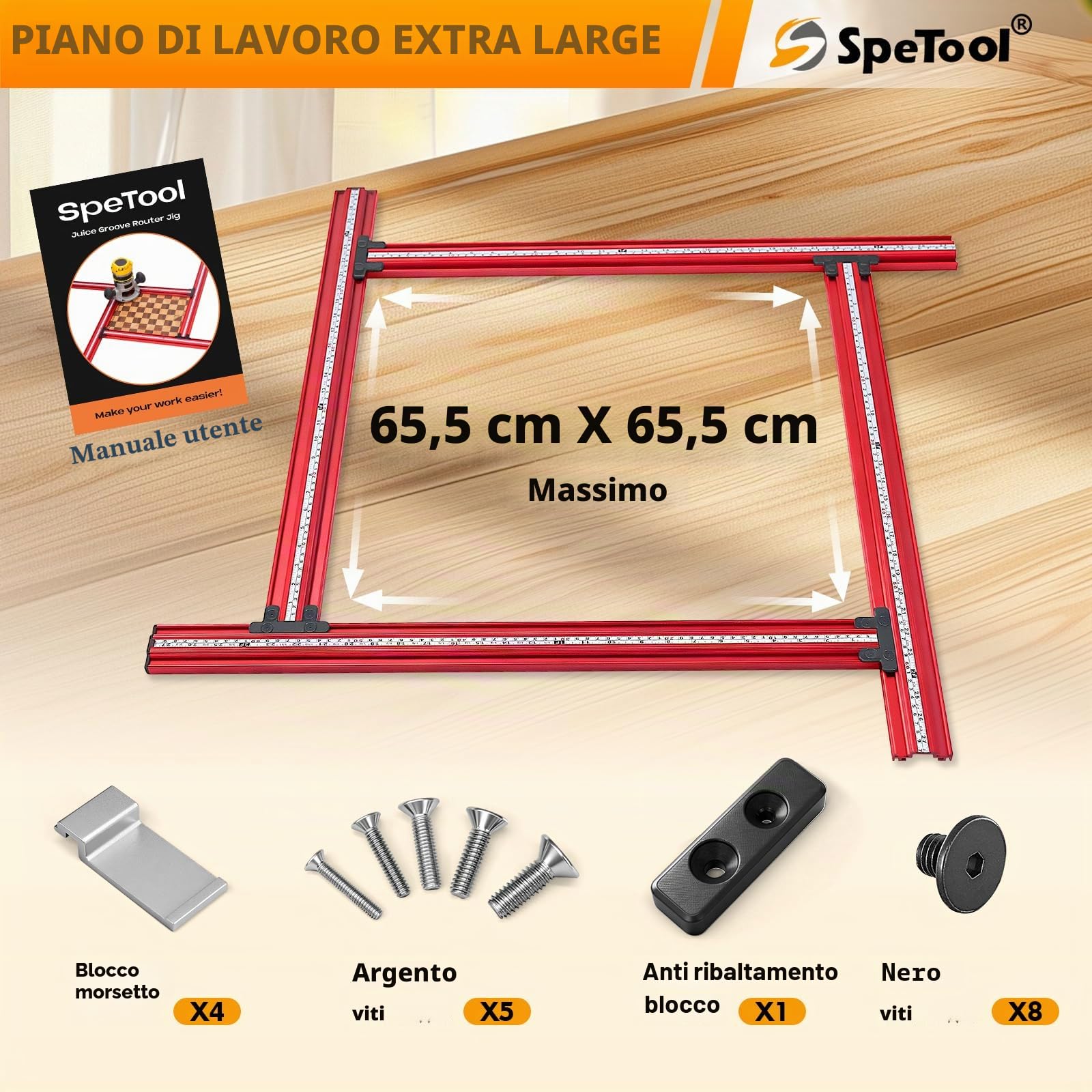 SpeTool Stencil di Fresatura Regolabile per Piani di Lavoro 650 mm x 650 mm - Router Jig per Lavorazione del Legno - Crea Fessure Rettangolari e Quadrate