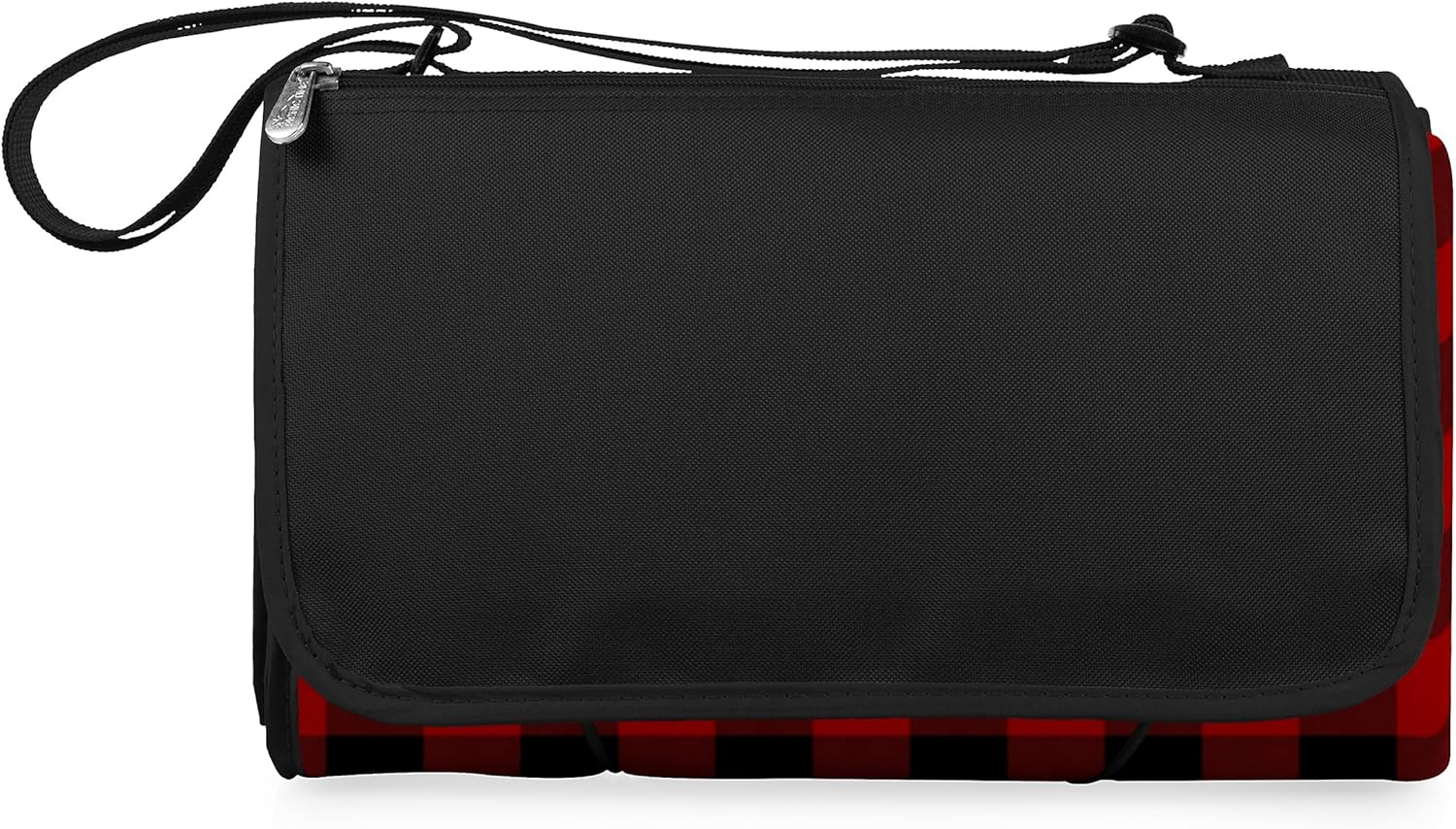 PICNIC TIME Outdoor Picnic Blanket Tote, 59"x51" Foldable Beach & Camping Blanket with Soft Fleece, Water-Resistant Bottom, Adjustable Strap & Zippered Pocket (Red & Black Buffalo Plaid)