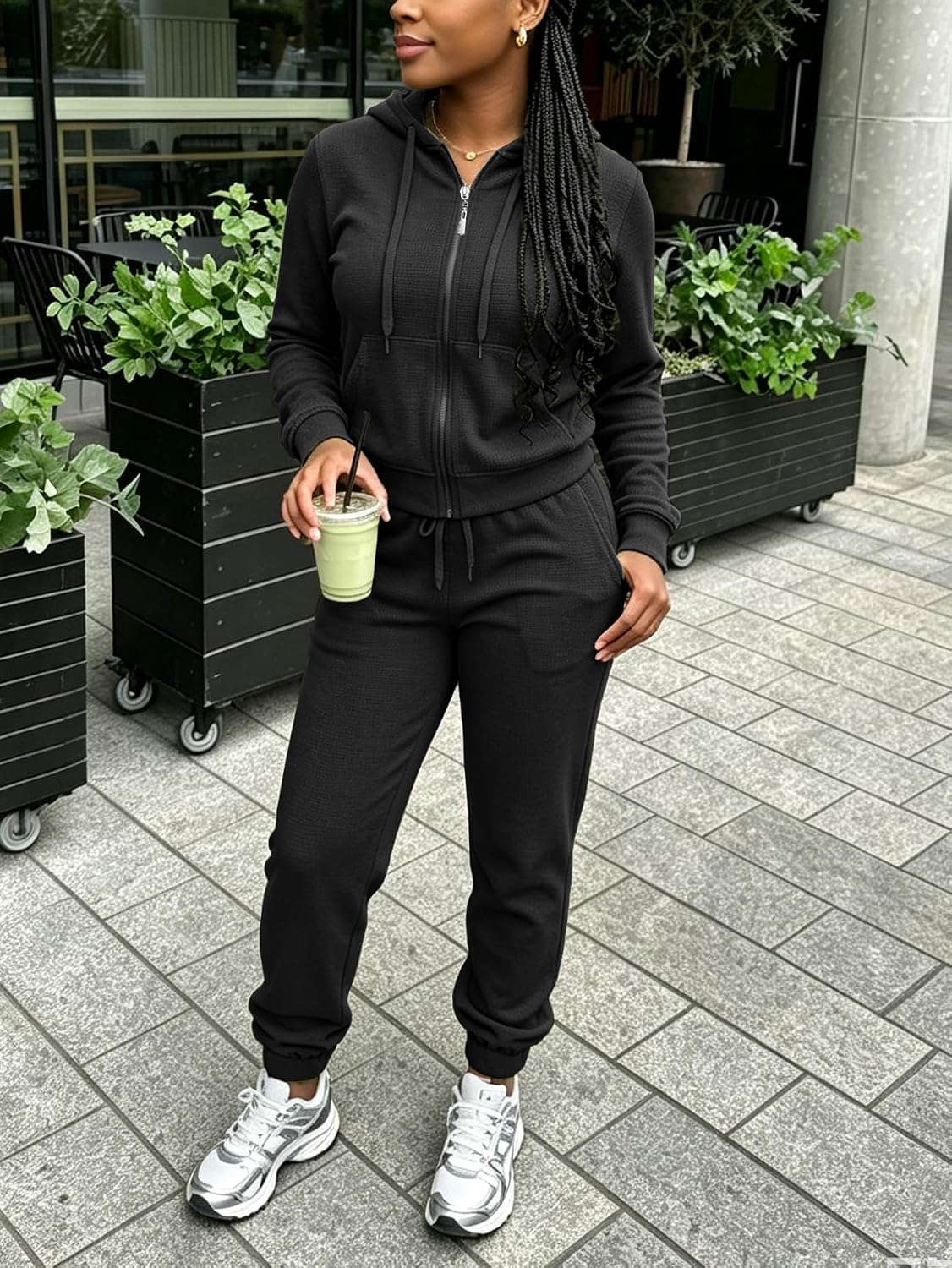 AUXDIO Waffle Knit Lounge Sets for Women 2 Piece Zip-Up Hoodie Jogger Set