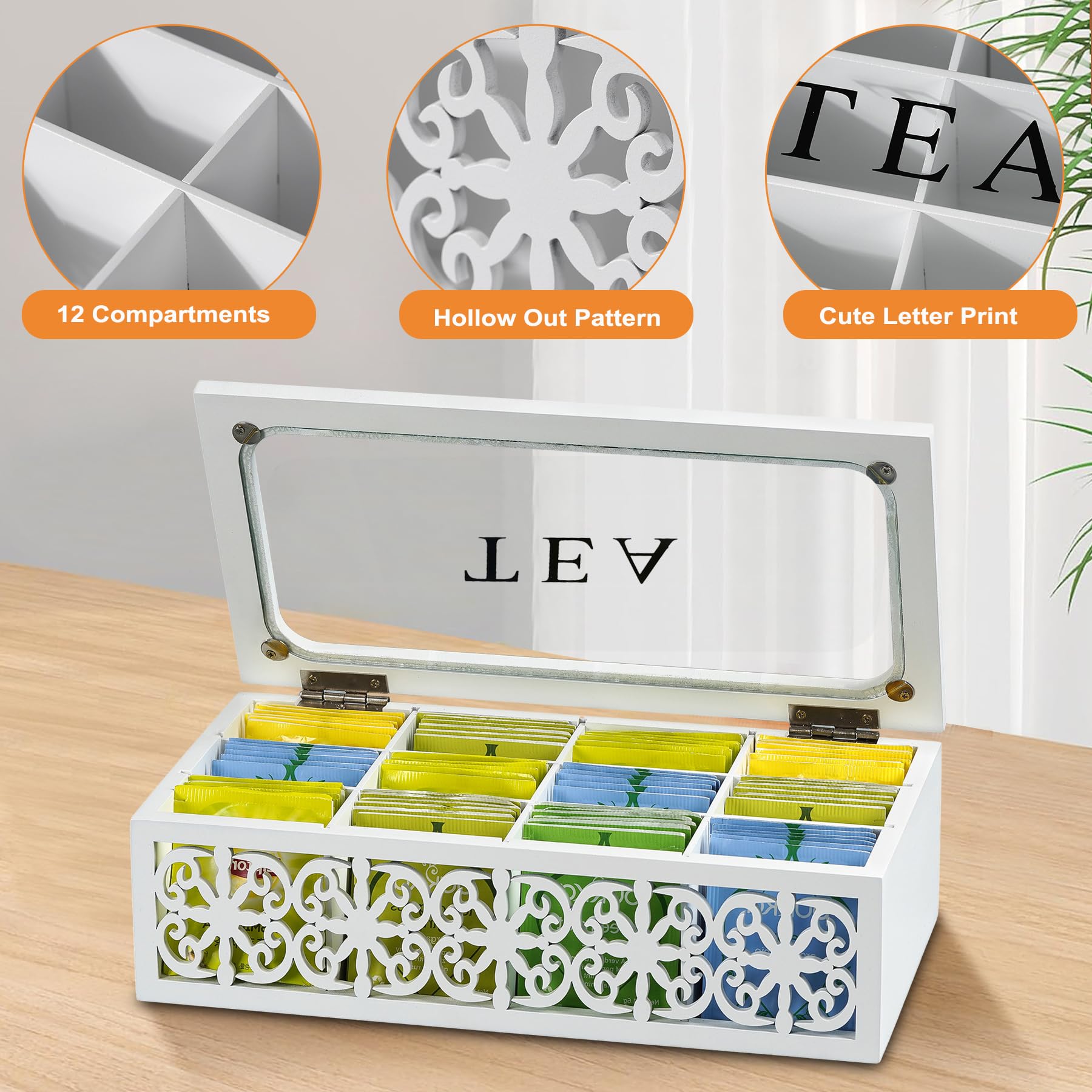 Teebox-Organizer, 12 Fächer, transparenter Deckel, ausgeschnittenes Blumenmuster | Teeaufbewahrung aus Holz, dekorativer Teehalter, vielseitige Tee-Aufbewahrungsbox für Zuhause, Büro, Küche, Speisekammer