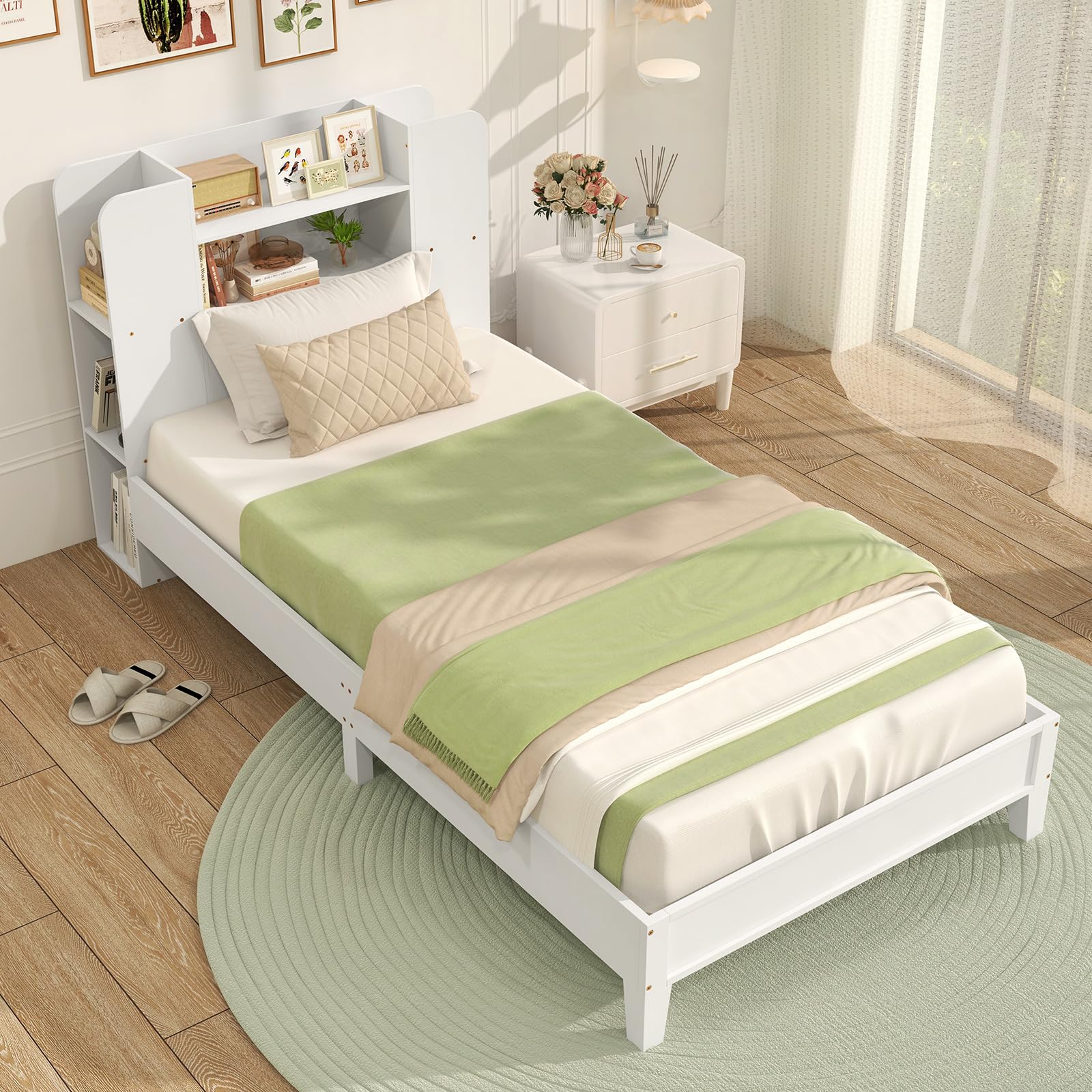 COSTWAY Twin Bed Frames with Storage Headboard, Kids Bed Frame with Plywood Slats Support, No Box Spring Needed (White)