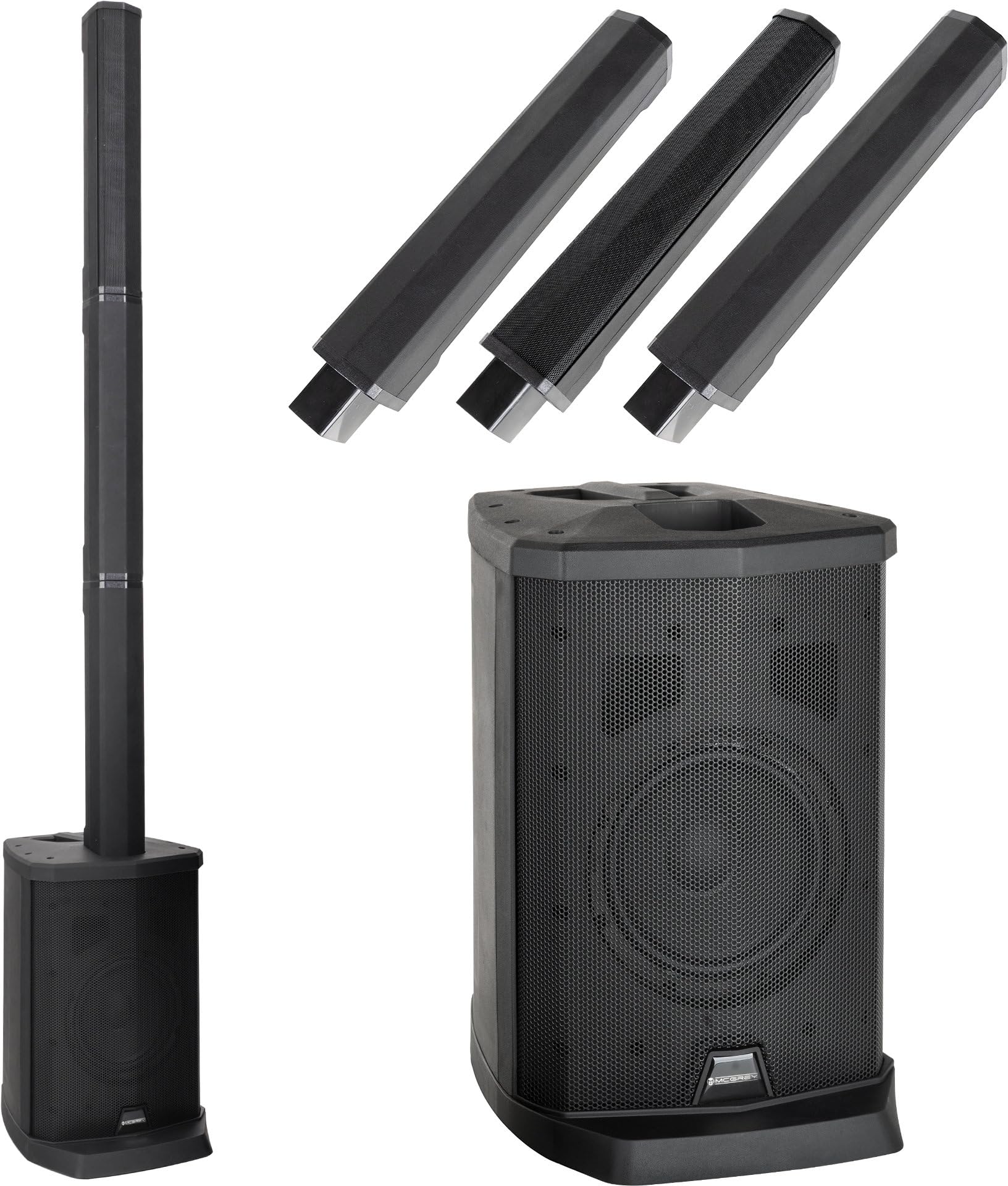 McGrey E-208LA Aktiv Line Array Säulenanlage - Schlanke Linienstrahler - PA Anlage - 100 Watt - 8" Subwoofer - 4X 2,5" Breitbandlautsprecher - USB/SD/Bluetooth Media-Player - Schwarz