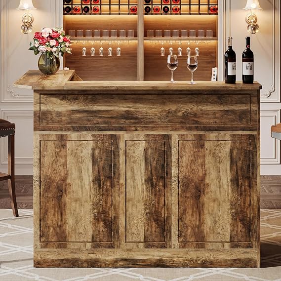 Tribesigns L-Shaped Corner Bar Cabinet, 3-Tier Home Bar Unit with Stemware Racks, Farmhouse Liquor Storage Cabinet, Tall Corner Bar Table, Multi-Functional Bar Station for Home Living Room Bar Area