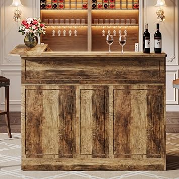 Tribesigns L-Shaped Corner Bar Cabinet, 3-Tier Home Bar Unit with Stemware Racks, Farmhouse Liquor Storage Cabinet, Tall Corner Bar Table, Multi-Functional Bar Station for Home Living Room Bar Area