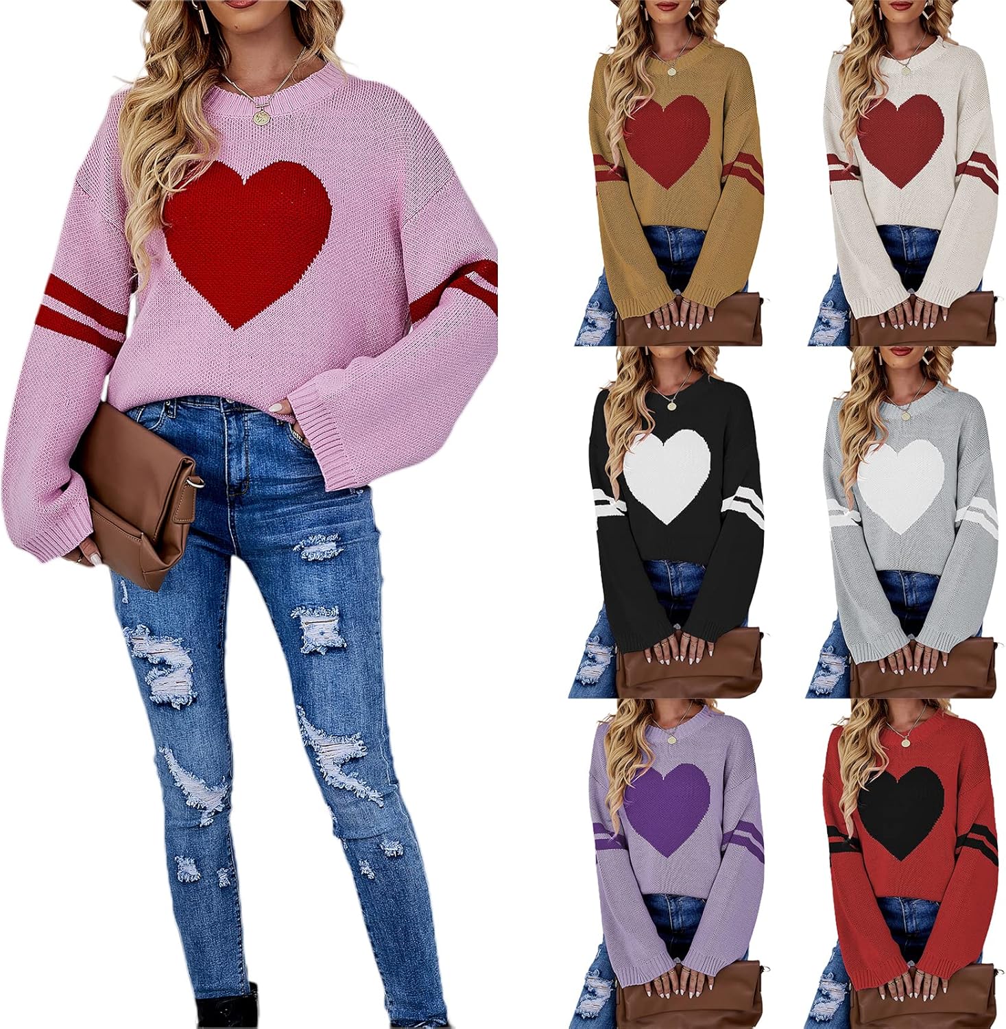 Mxiqqpltky Heart Print Sweater for Women Long Sleeve Crewneck Valentine Knitted Pullover Love Sweater Y2K Tops - Image 6