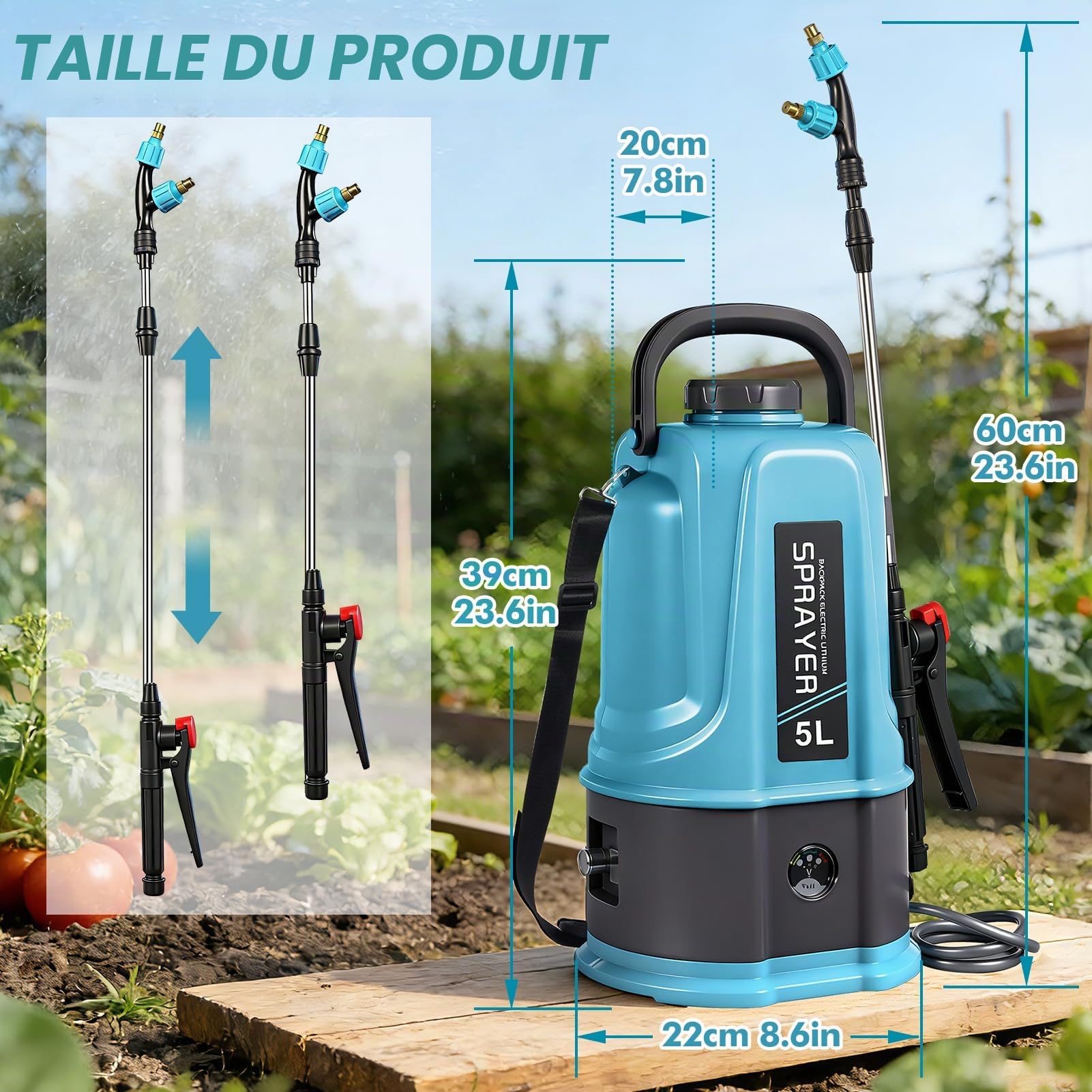 5L pulvérisateur à Dos électrique – 45 PSI réglable, Affichage numérique, Perche télescopique, 5 Buses, Batterie Longue durée, Bretelles rembourrées – Jardin, pelouse, désherbage, Nettoyage.