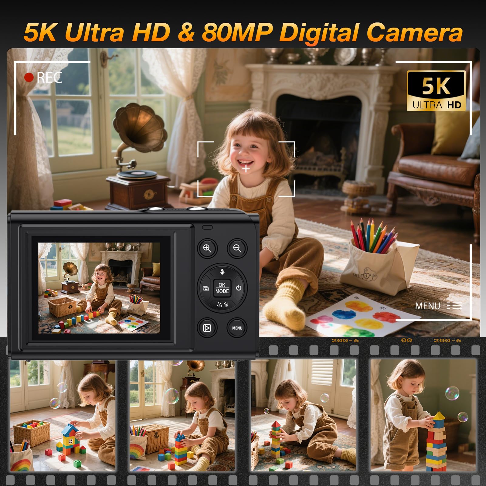 Fotocamera digitale a doppio schermo 5K per Vlogging, fotocamera WiFi da 80 MP con display frontale, zoom 18x, luce di riempimento, include scheda da 64 GB e 2 batterie