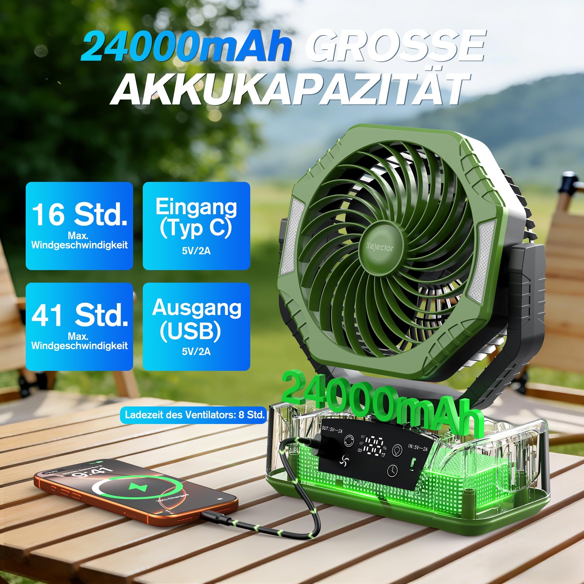 Kejector Akku Ventilator Camping 24000mAh USB Ventilator mit Licht Digitalanzeige Tischventilator mit Fernbedienung Tragbarer Camping Zubehör 6 Geschwindigkeitsstufen Für Zelt Outdoor Zuhause Terrasse