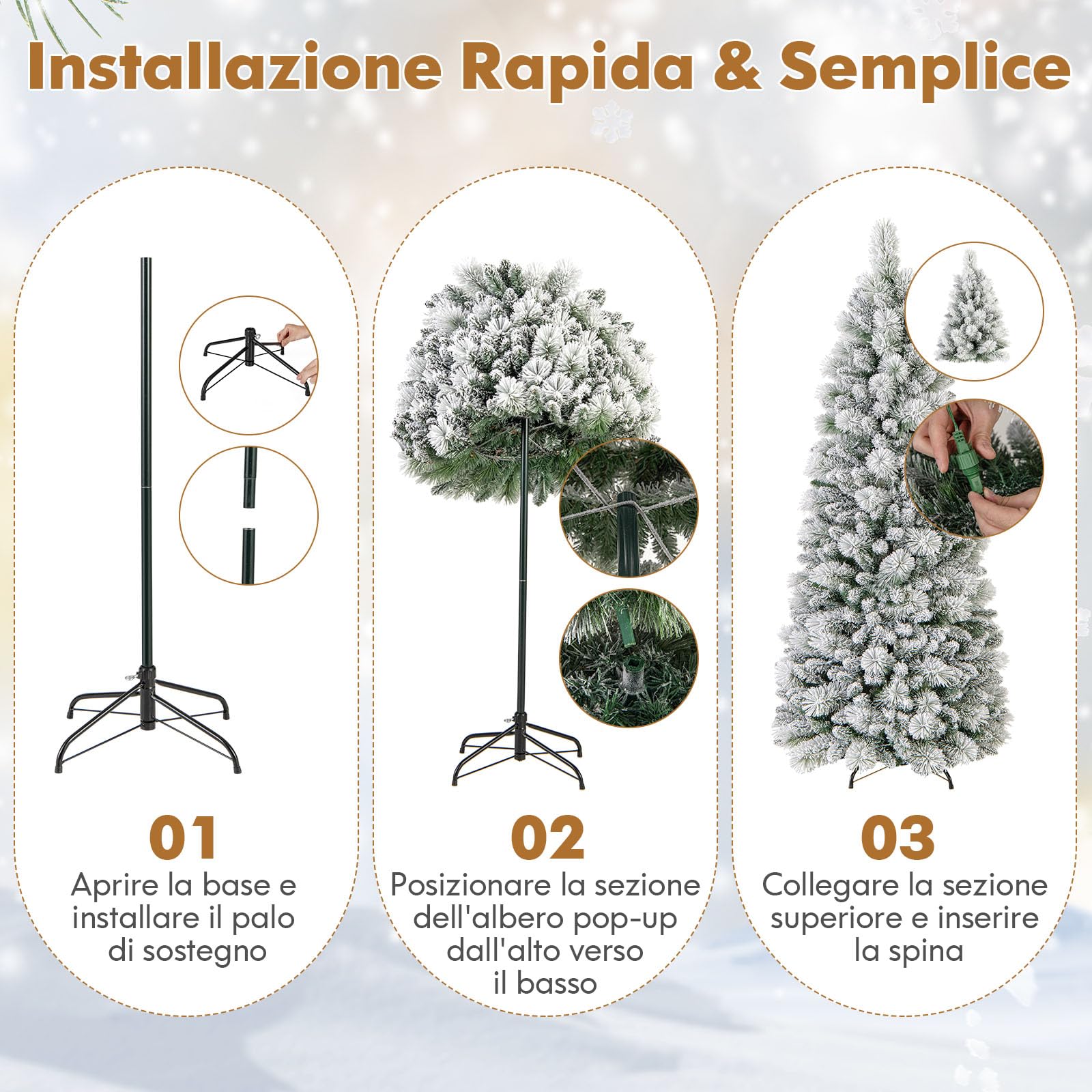 GYMAX 180 cm Albero di Natale Innevato, con 170 Luci LED Bianco Caldo, 517 Punte in PVC e Aghi di Pino, Base in Metallo, Decorazione Casa Ufficio, Folto Realistico