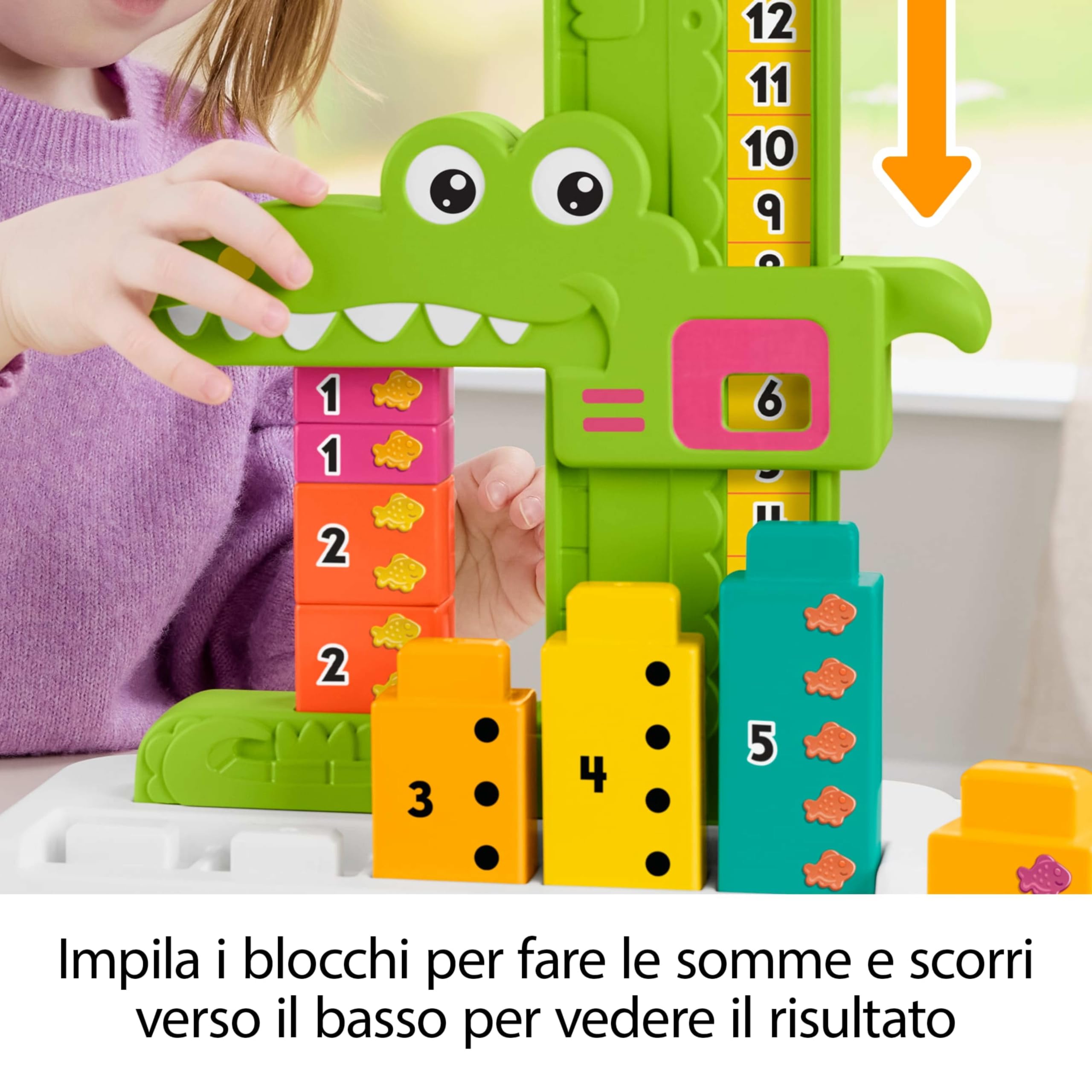 Fisher-Price - Coccodrillo Conta e Somma, Set educativo con 10 Blocchi impilabili per l'apprendimento prescolare del conteggio e delle somme, Giocattolo per Bambini, 3+ Anni, JCT13