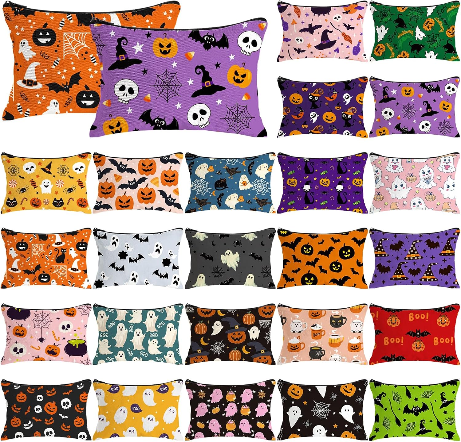 Meanplan 24 Pcs Halloween Makeup Bags Bulk Spooky Cosmetic Bags Horror Storage Zipper Pouch Pumpkin Bat Ghost Portable Travel Purse Toiletry Pocket Organizer for Party Favor Gift (Halloween)