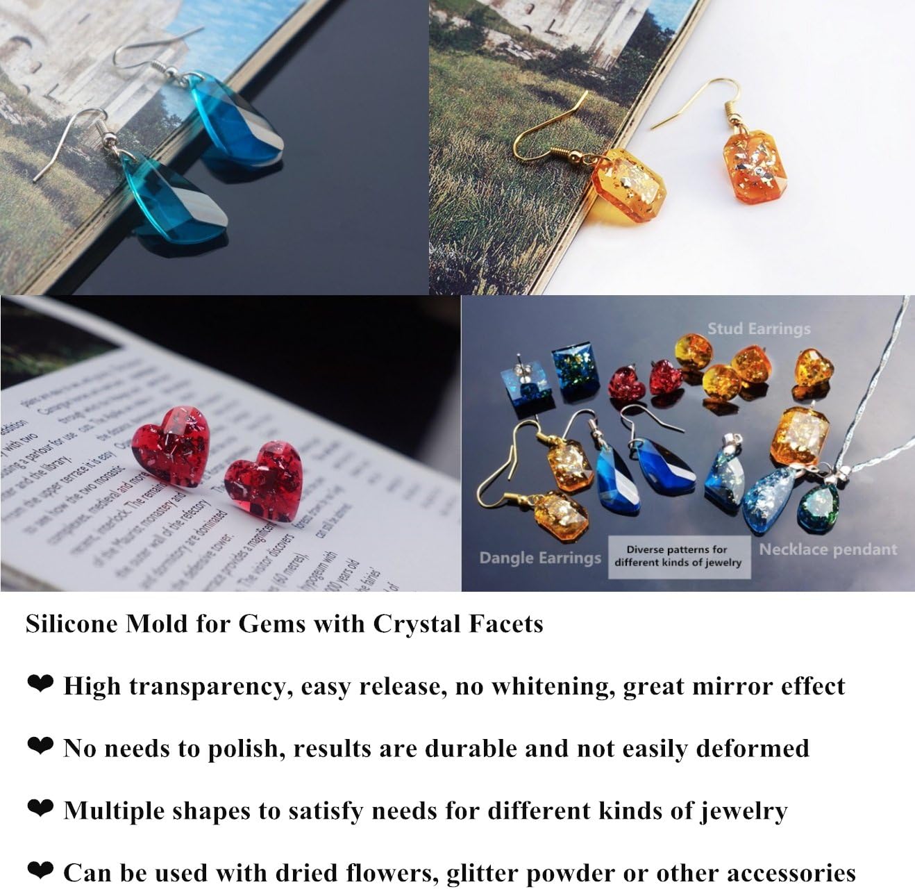 1min Curing, New UV Epoxy Resin Crystal Clear Ultraviolet Solar Curing for Jewelry Making Kit with Portable UV Lamp & Epoxy Resin Colour Pigment Liquid Dyes Set (with 1 Mold for DIY Pendants Earrings)