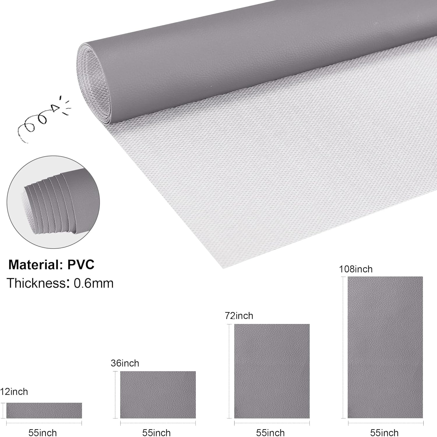 Faux Leather, Marine Vinyl PVC Leather for DIY Upholstery, Sofa Car Boat Seat Repair, Waterproof & Easy to Clean, Grey (1 FT 55x12 Inch)