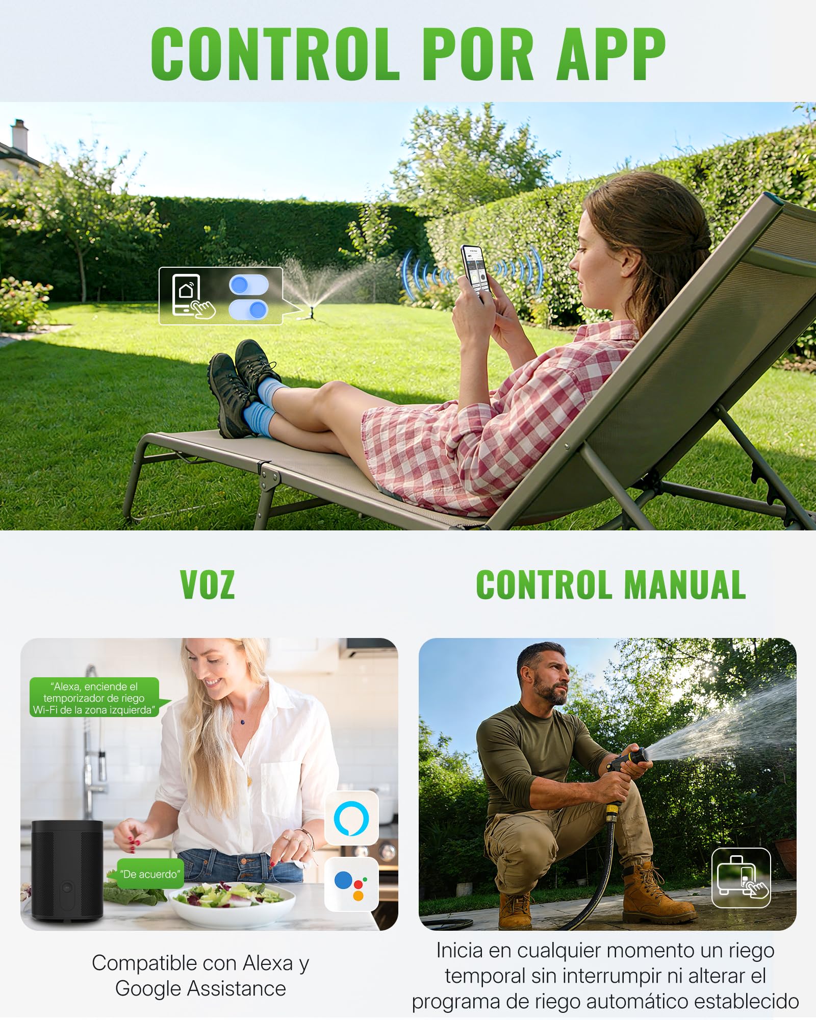 Ordenador de Riego WiFi con 2 Válvulas, Temporizador de Manguera, Programador de Aspersores, Riego Inteligente, Modo Automático y Manual, para Jardín, Césped, Terraza, Verde Oscuro ZD32WTD06