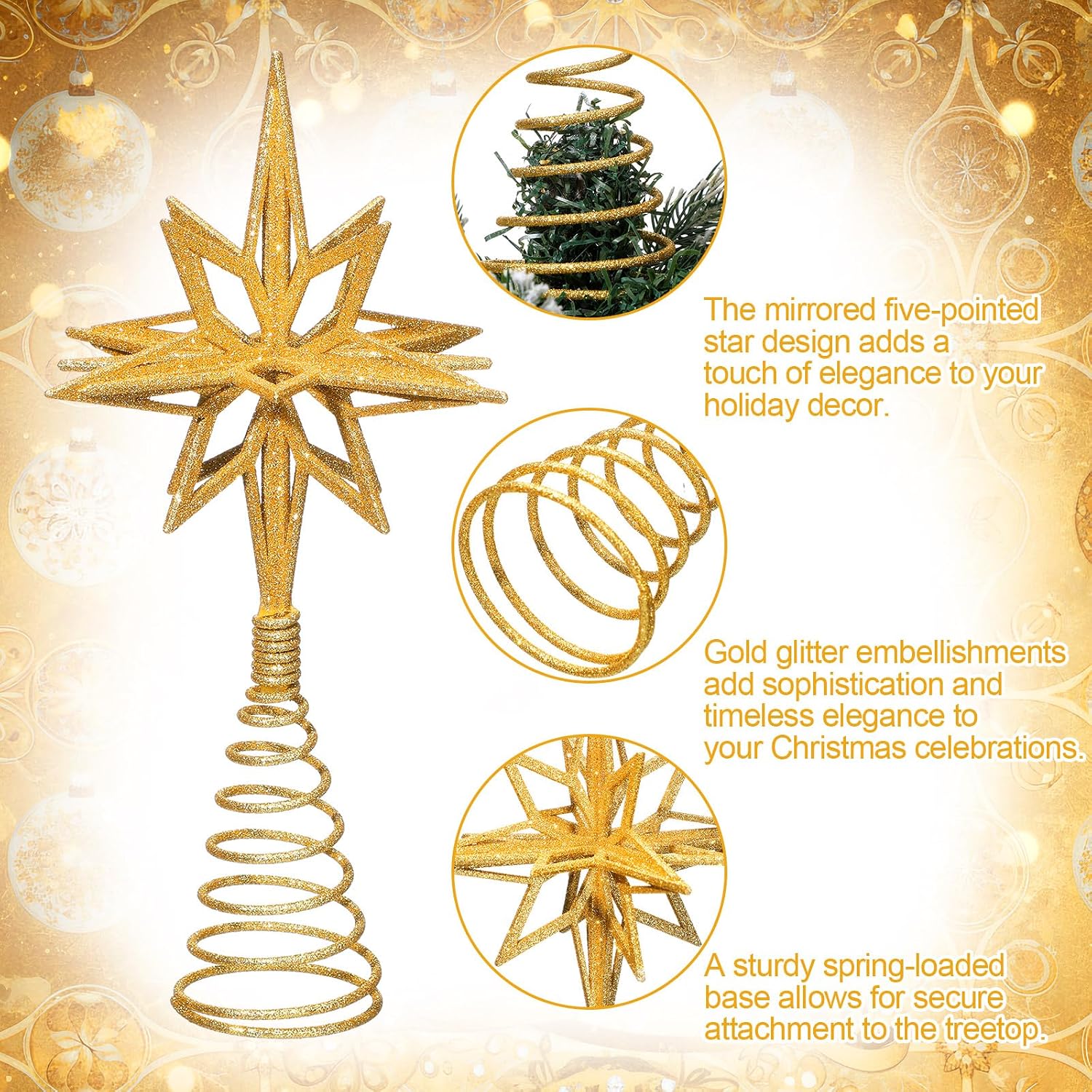 Sosation Moravian Star Tree Topper Christmas Tree Topper 12.5 Inch Narrow Star for Christmas Decorations, Champagne Gold Holiday Decorations Glittery