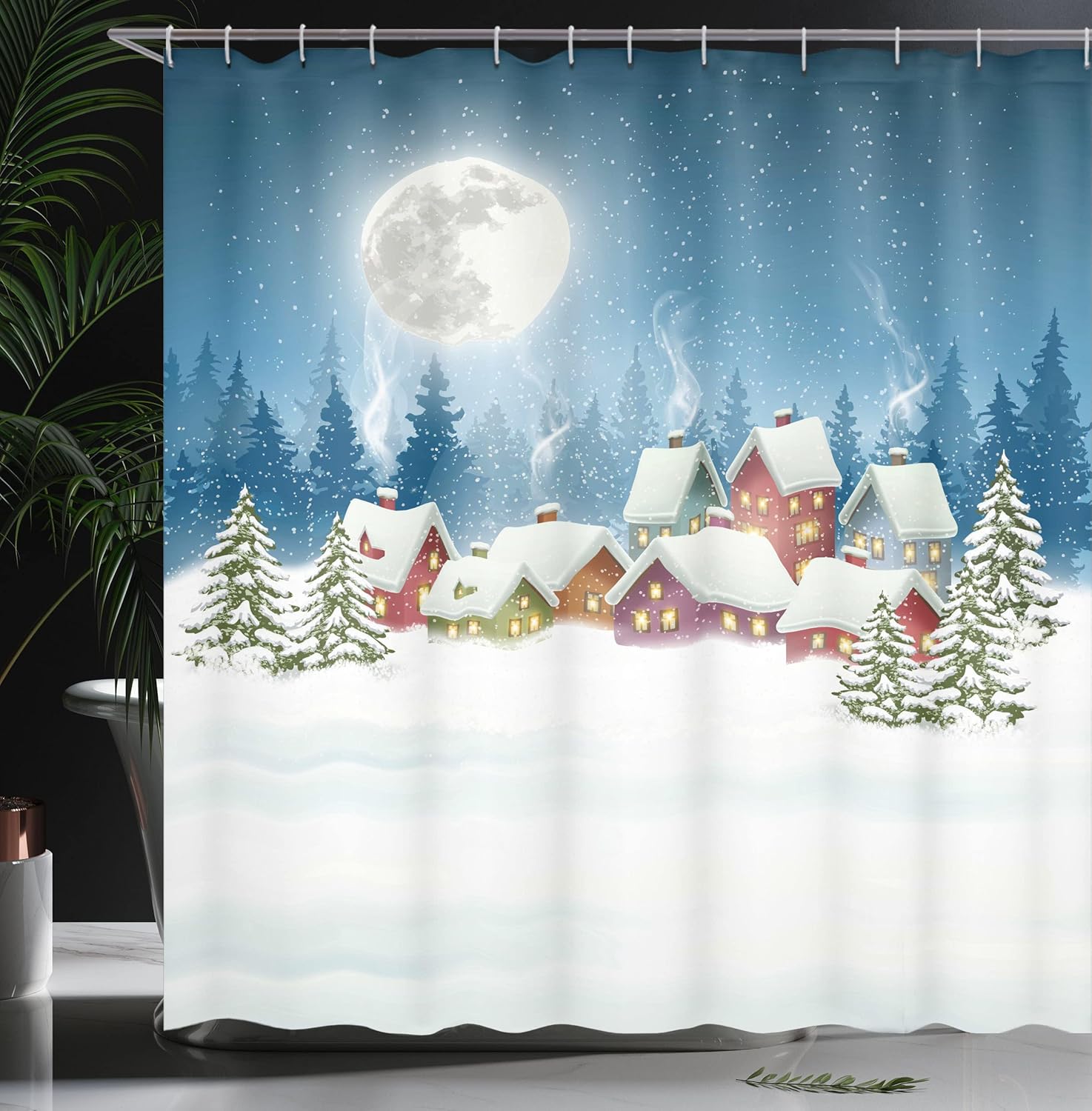 Ambesonne Christmas Shower Curtain, Xmas Landscape Snowy Colorful Village with Pine Trees Full Moon Starry Sky, Cloth Fabric Bathroom Decor Set with Hooks, 69" W x 70" L, Multicolor