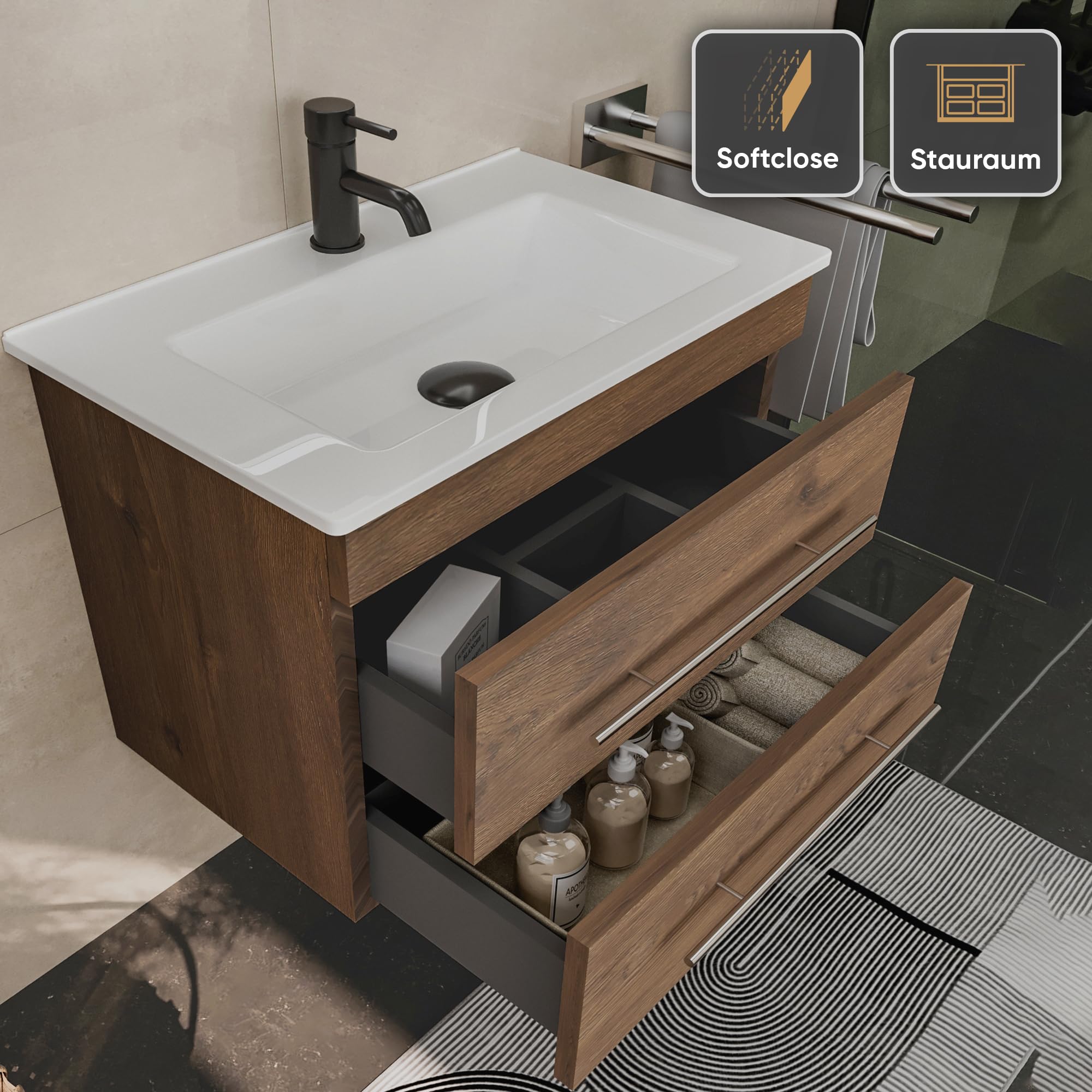 Alpenberger Badmöbel Set mit Waschbecken | Badschrank mit 2 Schubladen | Hängeschrank Bad | Waschtisch mit Unterschrank | Badezimmer Möbel | Waschbeckenunterschrank Eiche 60 cm