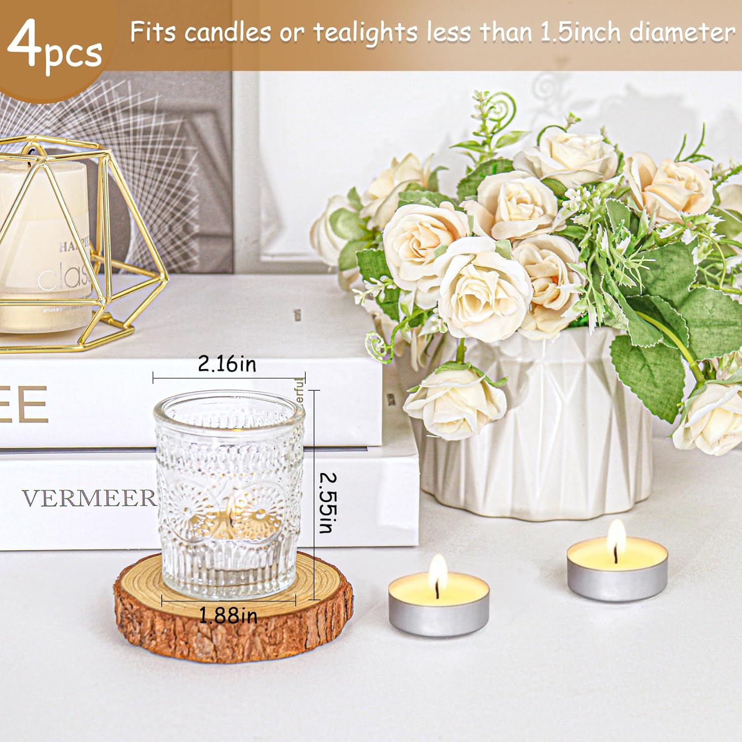 4 pcs clear glass votive candle holders, tealight candle holders for table centerpieces, vintage candle holder bulk, boho wedding, home, bridal shower, birthday party table decor (clear) clear 4