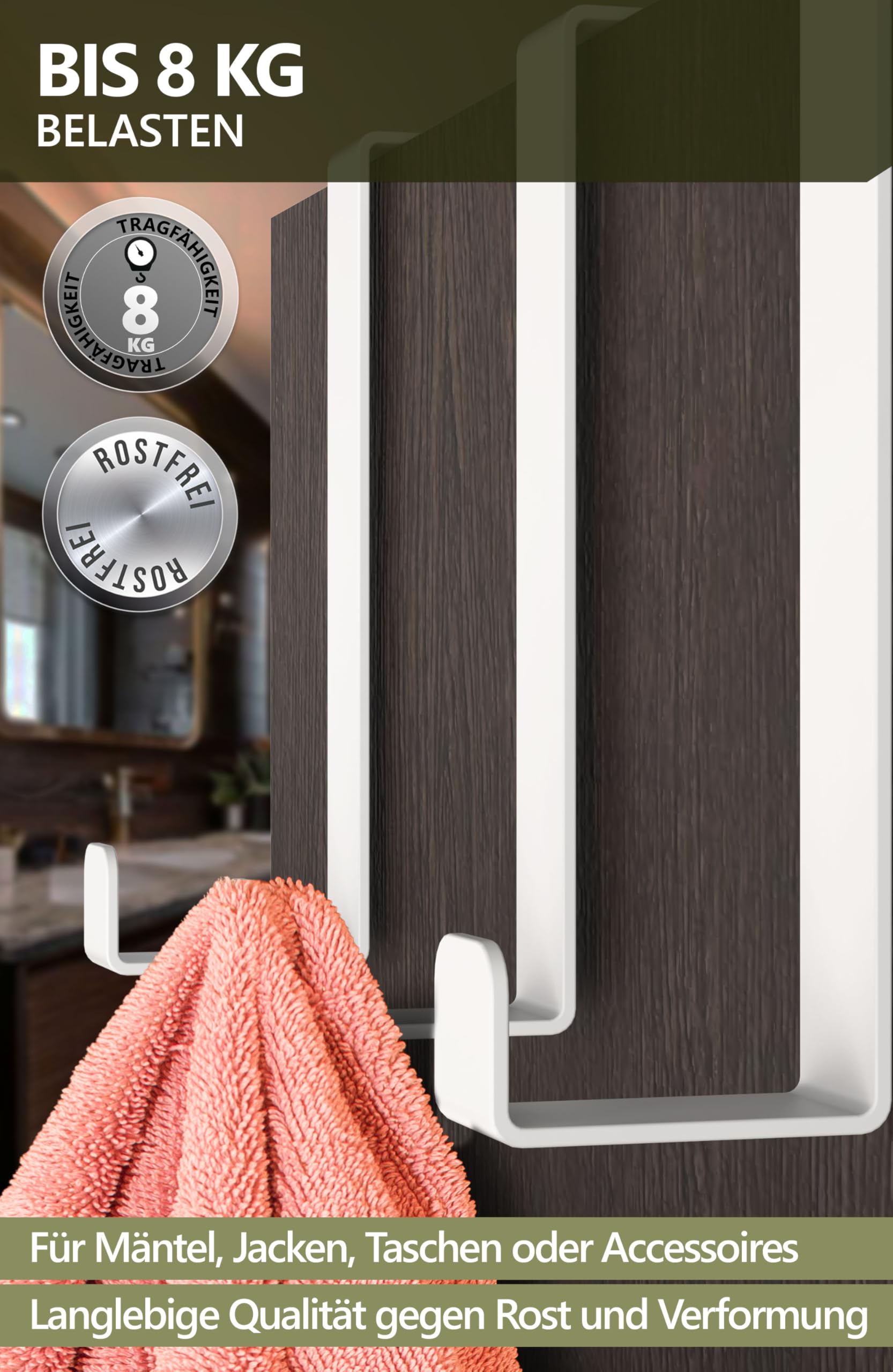 Ganci Appendiabiti Da Porta - 4 Pezzi, Acciaio Inox, Bianchi, Adesivo 3M, No Fori - Foto 2