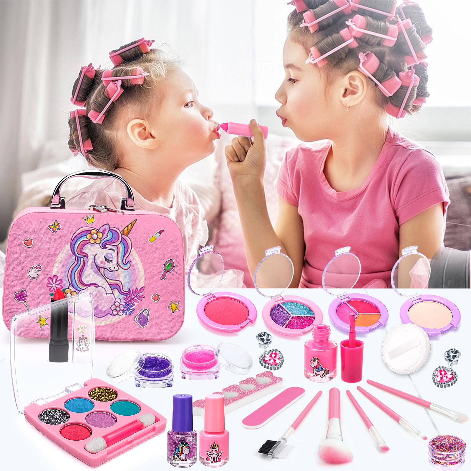 Kit de Maquillaje Niñas , 59 Piezas Lavable, Set Maletin, Juegos de Belleza Cosméticos, Tocador de Maquillaje Niña, Regalos No-Tóxicos para Princesas 5 6 7 8 9 10+ Años