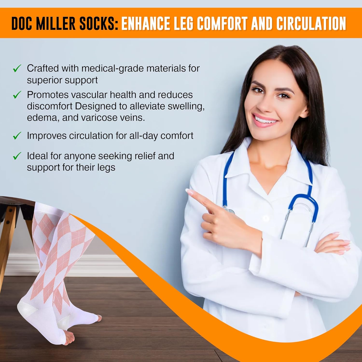 Doc Miller Open Toe Compression Socks for Men & Women, 20-30 mmHg Knee High Support, Toeless Design for Daily Leg Comfort, Breathable Nylon Spandex, 1 Pair - Image 6