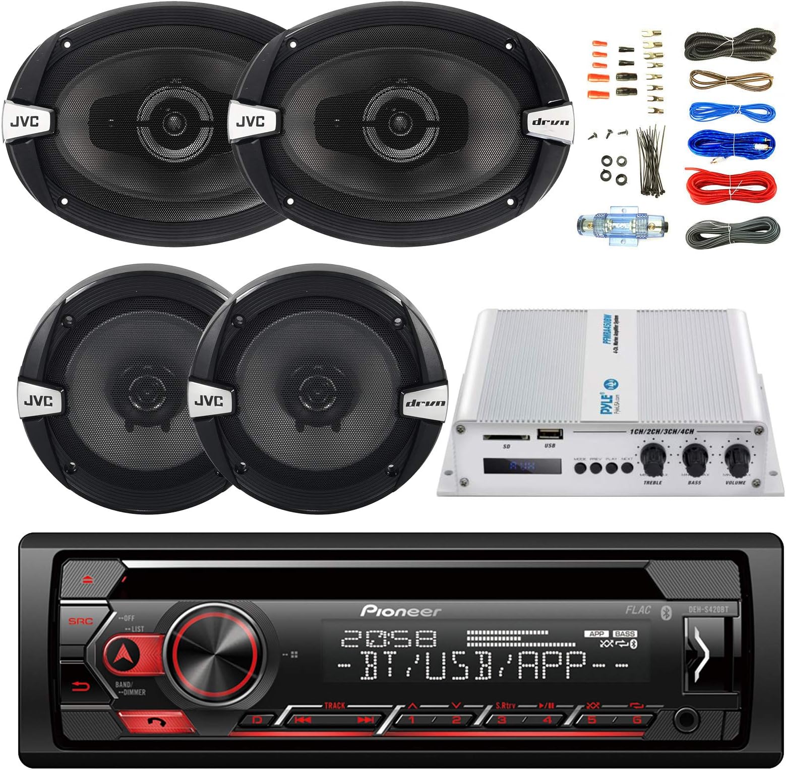 Single DIN Car Bluetooth Radio USB AUX CD Player Receiver Bundle Combo with 2X 6x9 3-Way Vehicle Coaxial Speakers + 2X 6.5 Inch 2-Way Audio Speakers + 4-Channel Bluetooth Amplifier + Amp Kit