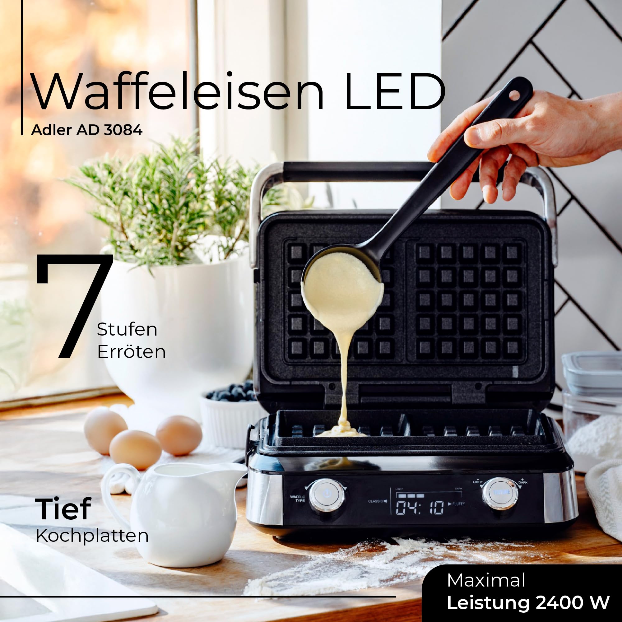 ADLER EUROPE Waffeleisen Belgische Waffel – Doppelwaffeleisen mit LCD Display – 2400W Waffelautomat für Butterwaffeln & Schokoladenwaffeln – 5 Programme, 7 Bräunungsstufen – Tief-Heizplatten 12x13x2cm