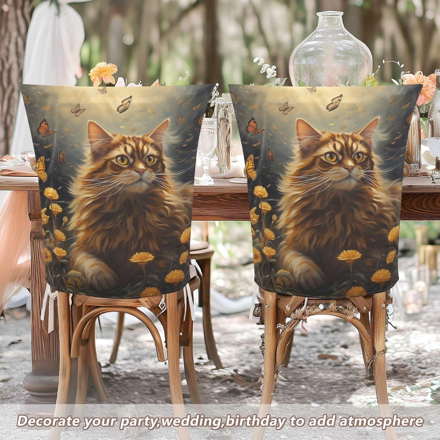 ALAZA Cat Butterflies Yellow Flowers Chair Back Cover Set of 6, Washable Reusable Removable Chair Slipcovers Decorative Chair Cover for Home Kitchen Wedding Party