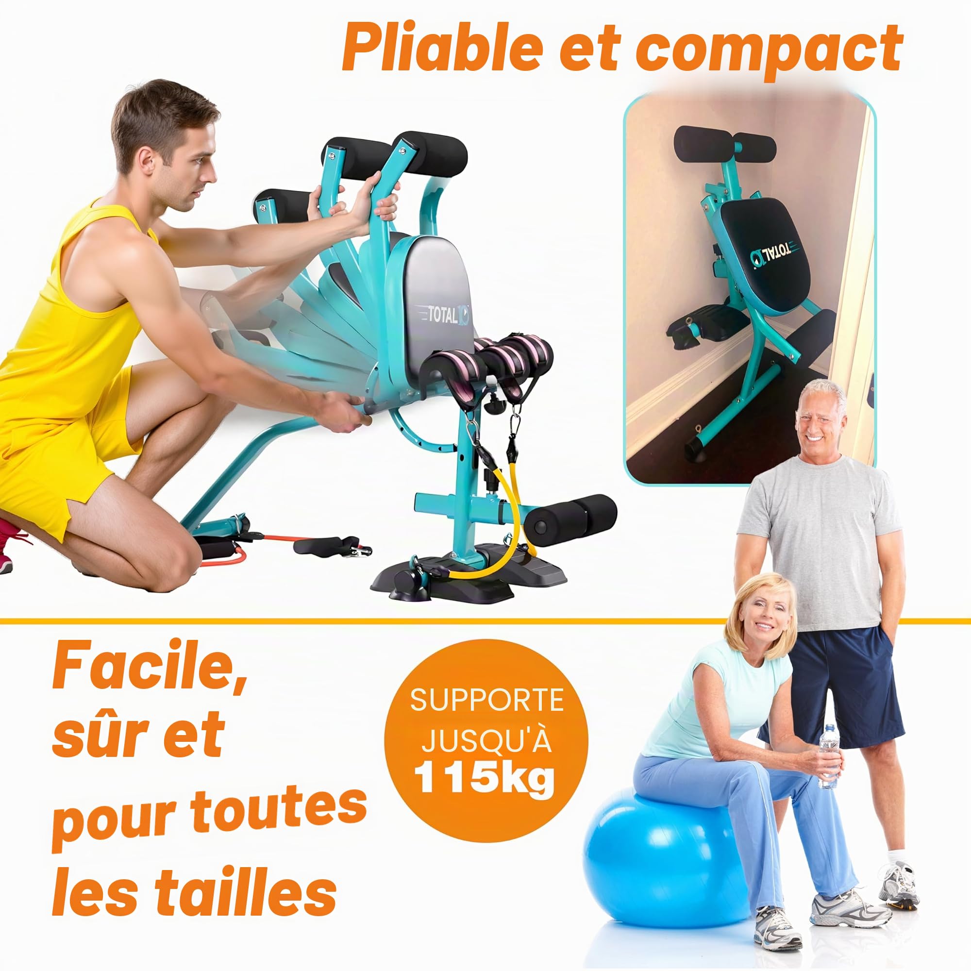 Banc multi-exercice TOTAL 10. Entraînez tout le corps à la maison et améliorez votre posture en seulement 10 minutes par jour. Sans impact sur les articulations. Pliable, sûr, réglable. Avec 6 bandes