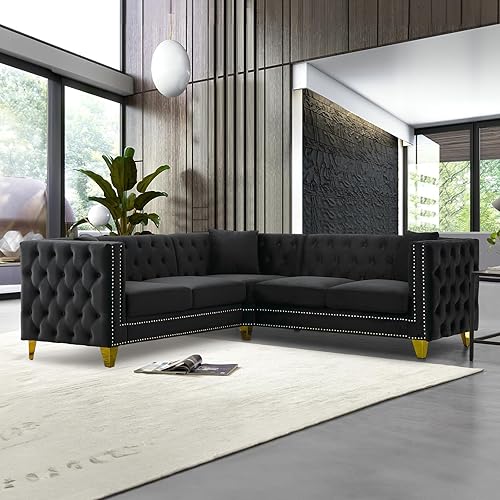 Miniatura 12 de Sofá de terciopelo de 3 plazas, cómodos sofás para sala de estar, sofá moderno con respaldo copetudo y decoración de remaches, sofá largo tapizado