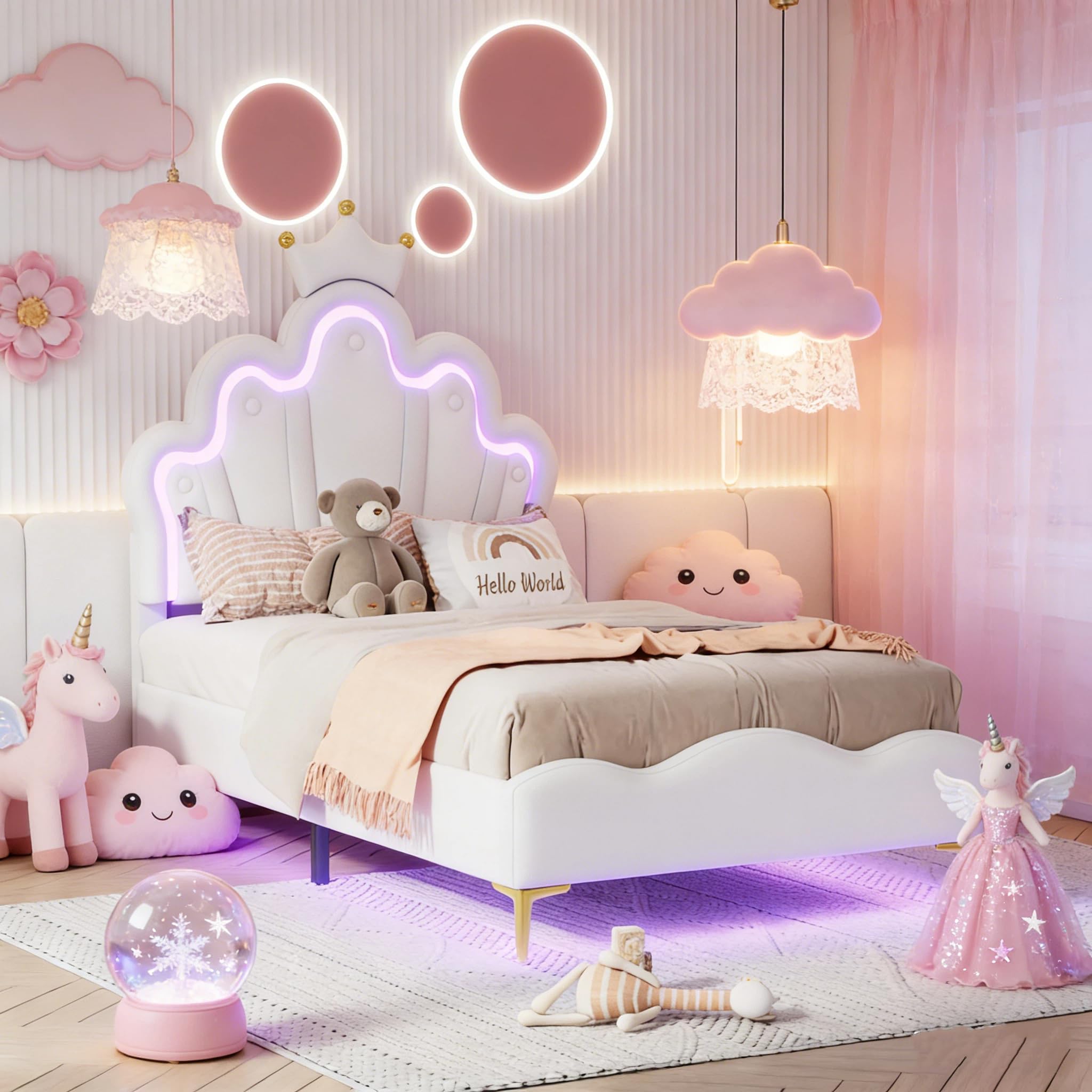 BRILVERDE Cama de Niña 90x200 con LED, Cama Princesa con cabecera coronada, Marco con somier de láminas, para niñas, para niños y adolescentes, PU (blanco, 90x200 cm)