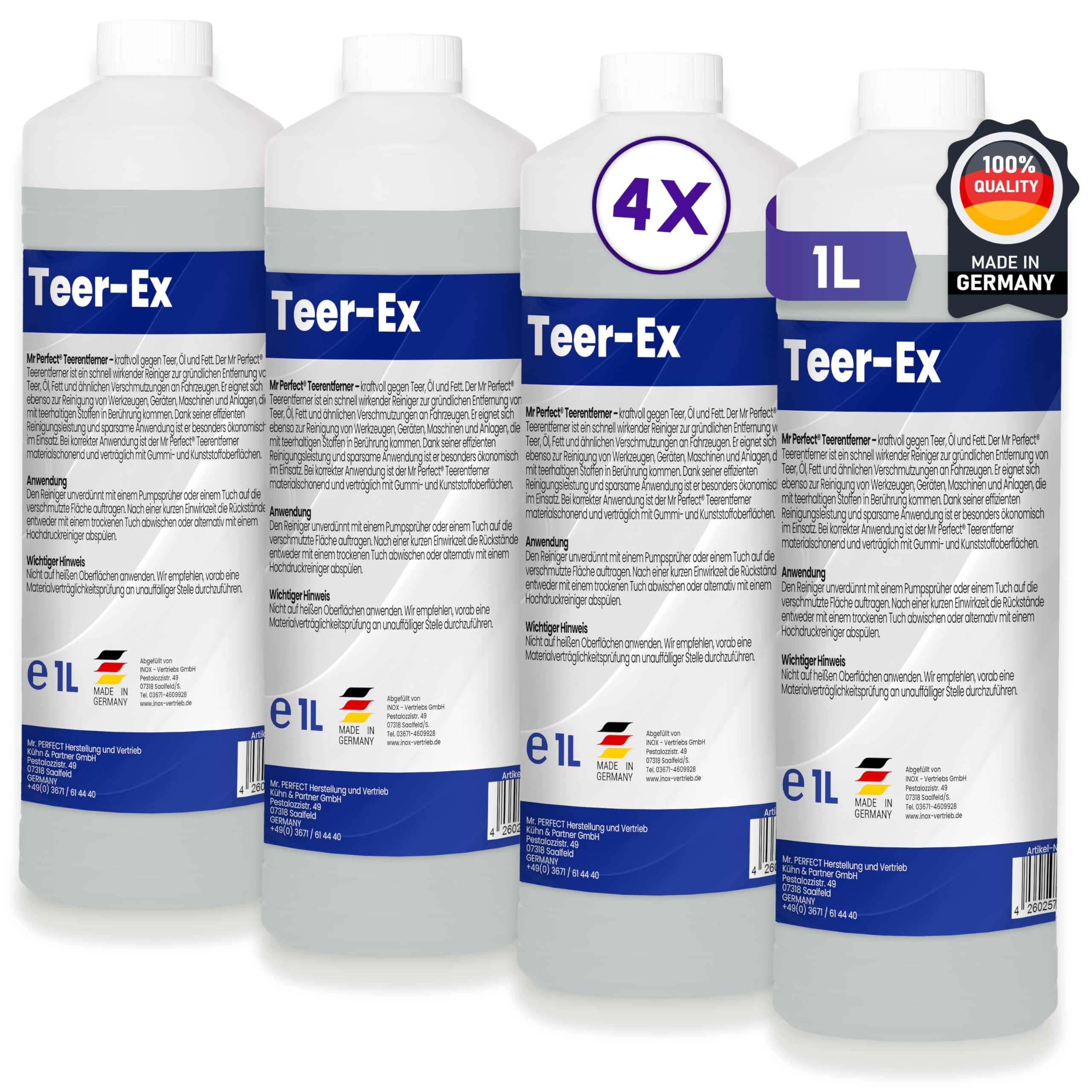 Mr. Perfect® Professioneller Teerentferner Auto - 4x1L I Bitumen Entferner - Entfernt effektiv Teer, Bitumen, Öl & Fett I Baumharzentferner - Teer Entferner für Auto, Wohnmobil, Werkzeuge & Mehr