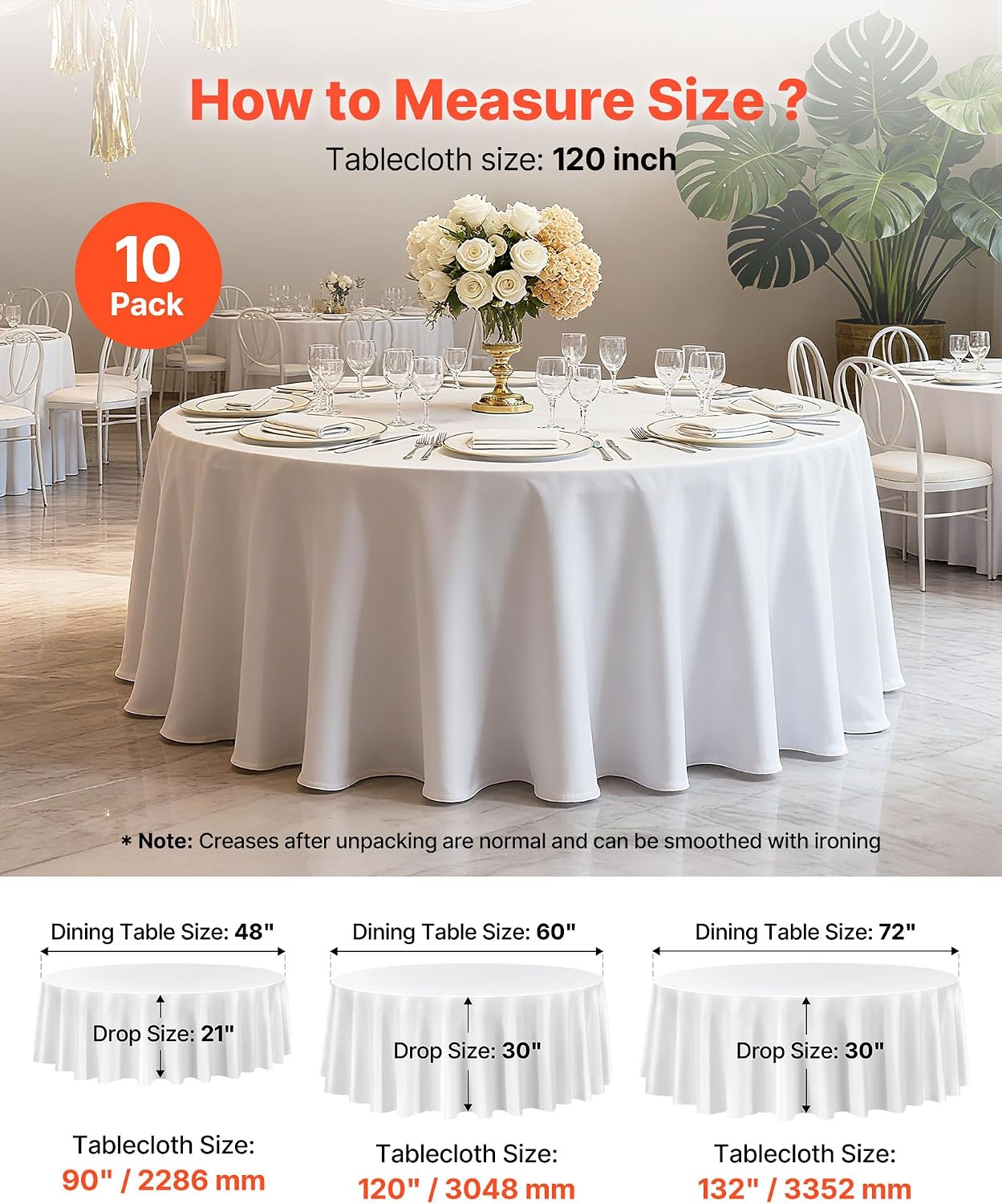VEVOR White Round Tablecloths 10 Pack, 120 Inches in Diameter, Stain- & Wrinkle- Resistant, Machine Washable Table Clothes, Polyester Fabric Table Covers for Wedding, Party, Banquet, Formal Events image 5