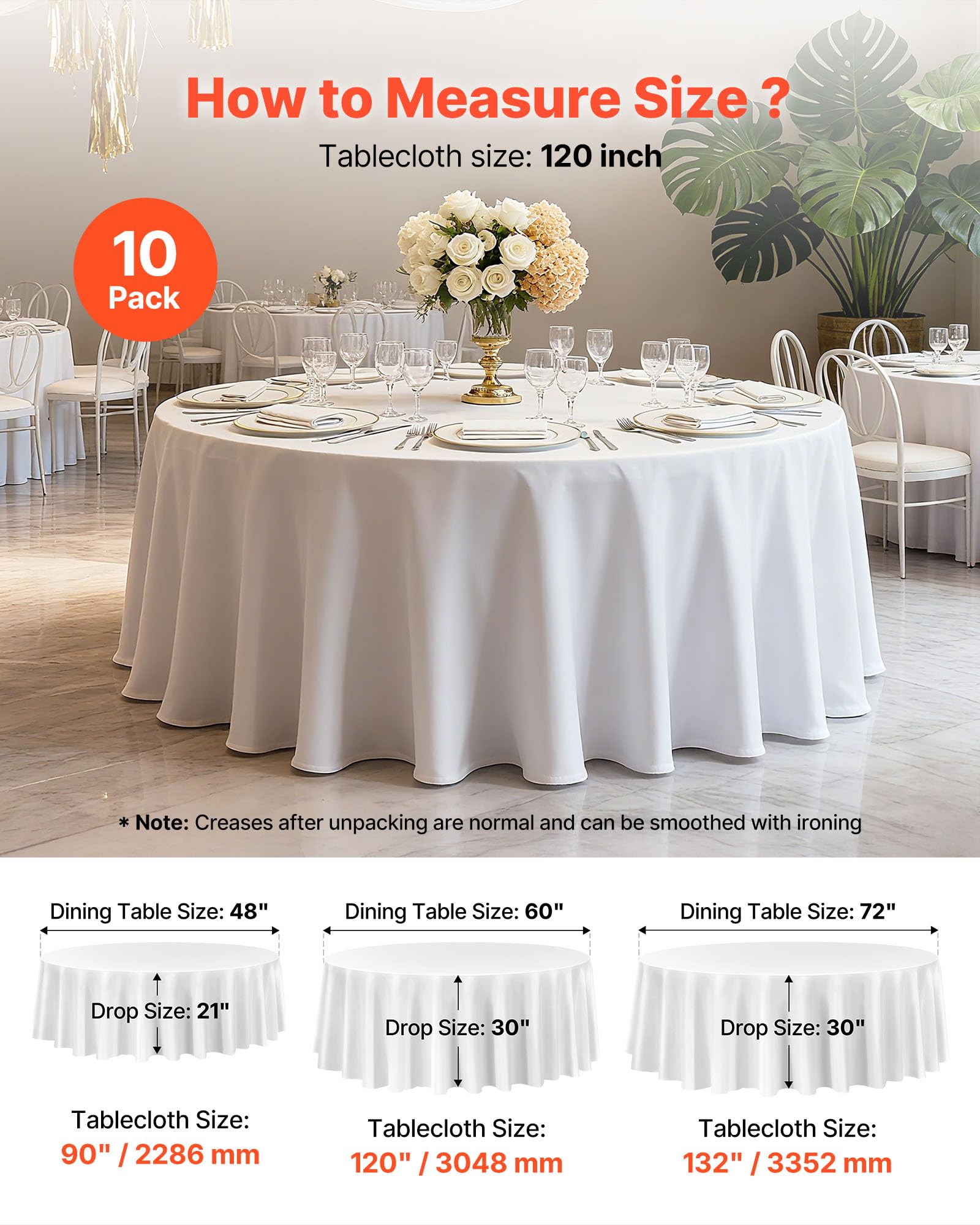 VEVOR Manteles Redondos de 3048 mm, Elegantes y Versátiles, Resistentes a Las Arrugas, Lavables a Máquina, de Poliéster, para Fiestas, Bodas, Banquetes y Eventos Formales, Color Blanco, 10 uds