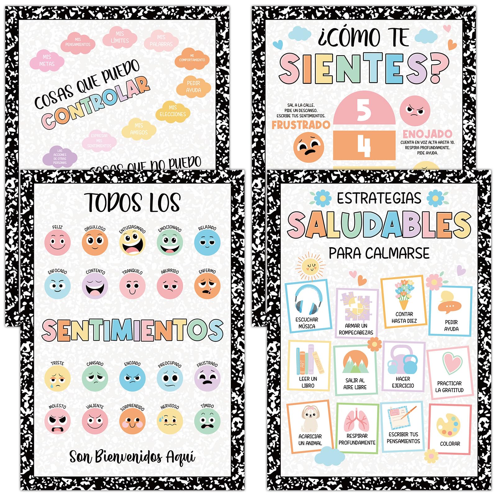 Feifeiya 4 Pcs Spanish Calming Corner Posters for Classroom, Composition Style Calm Down Corner Supplies Must Haves for Teachers Emotions Feelings Poster Chart for Kids Ages 4-8 for Classroom Decor