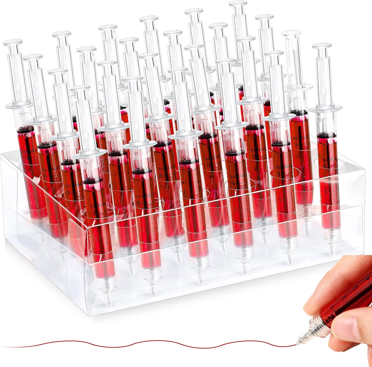 Chiisong 24 Pcs Syringe Pens with Holder Nurse Halloween Pens, Red