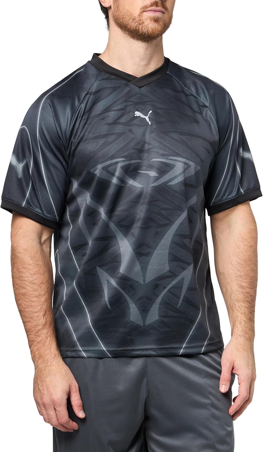 PUMA Mens Pumatech-X All Over Print Relaxed V Neck Short Sleeve Jersey Casual - Black
