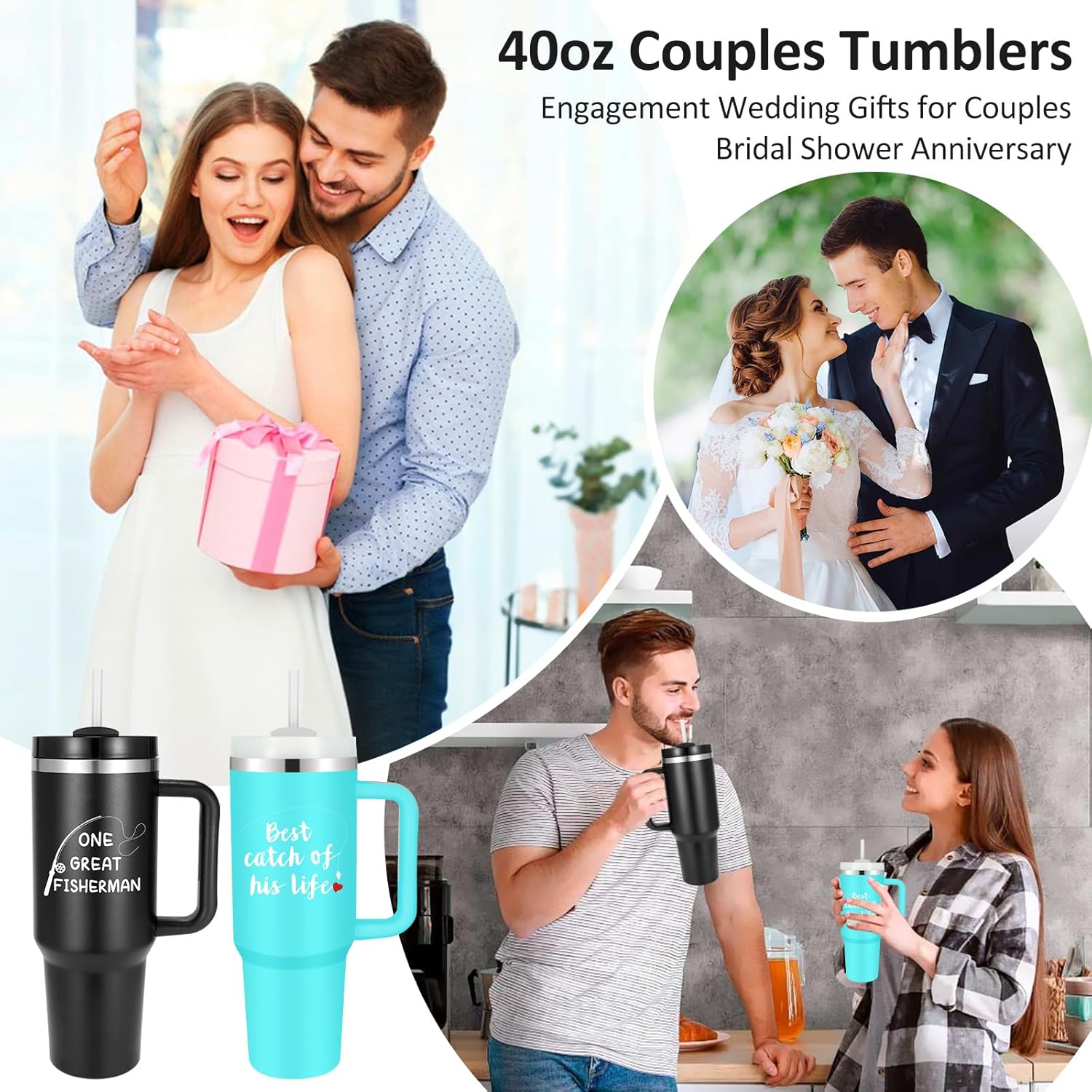 Fisherman Gift for Couples Tumblers Set, Best Catch of His Life Tumbler with Straw & Handle, 40 oz Stainless Steel Travel Mug for Newlyweds Engagement Wedding Bridal Shower Anniversary Presents - Image 2