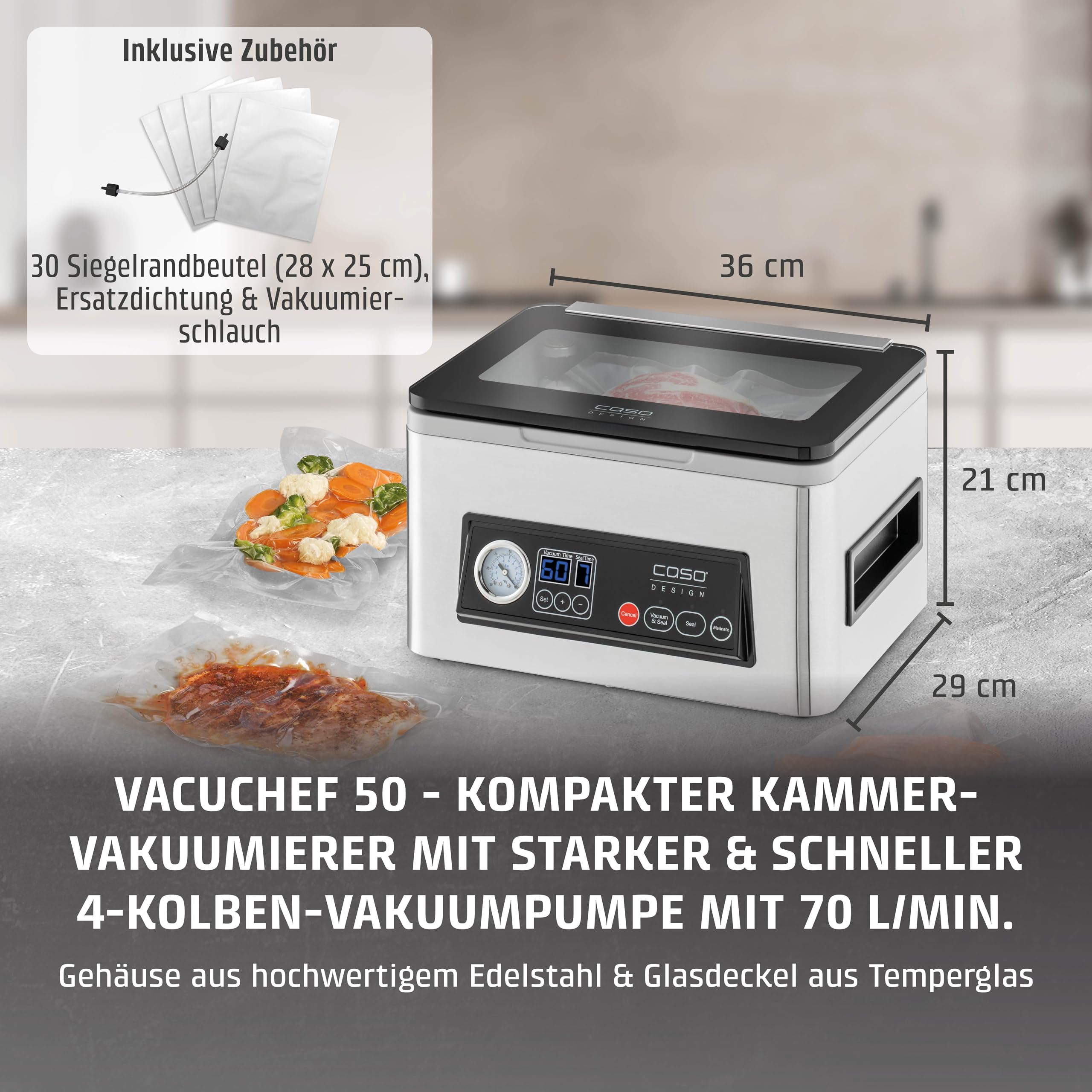 CASO VacuChef 50 Vakuumierer 70 l/min 4 l Kammervolumen doppelte Schweißnaht inkl. 30 Siegelrandbeutel