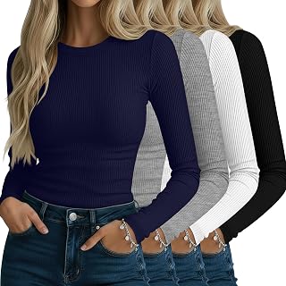 Neer 4 Pack Women's Ribbed Long Sleeve Shirts Cotton Basic Tops