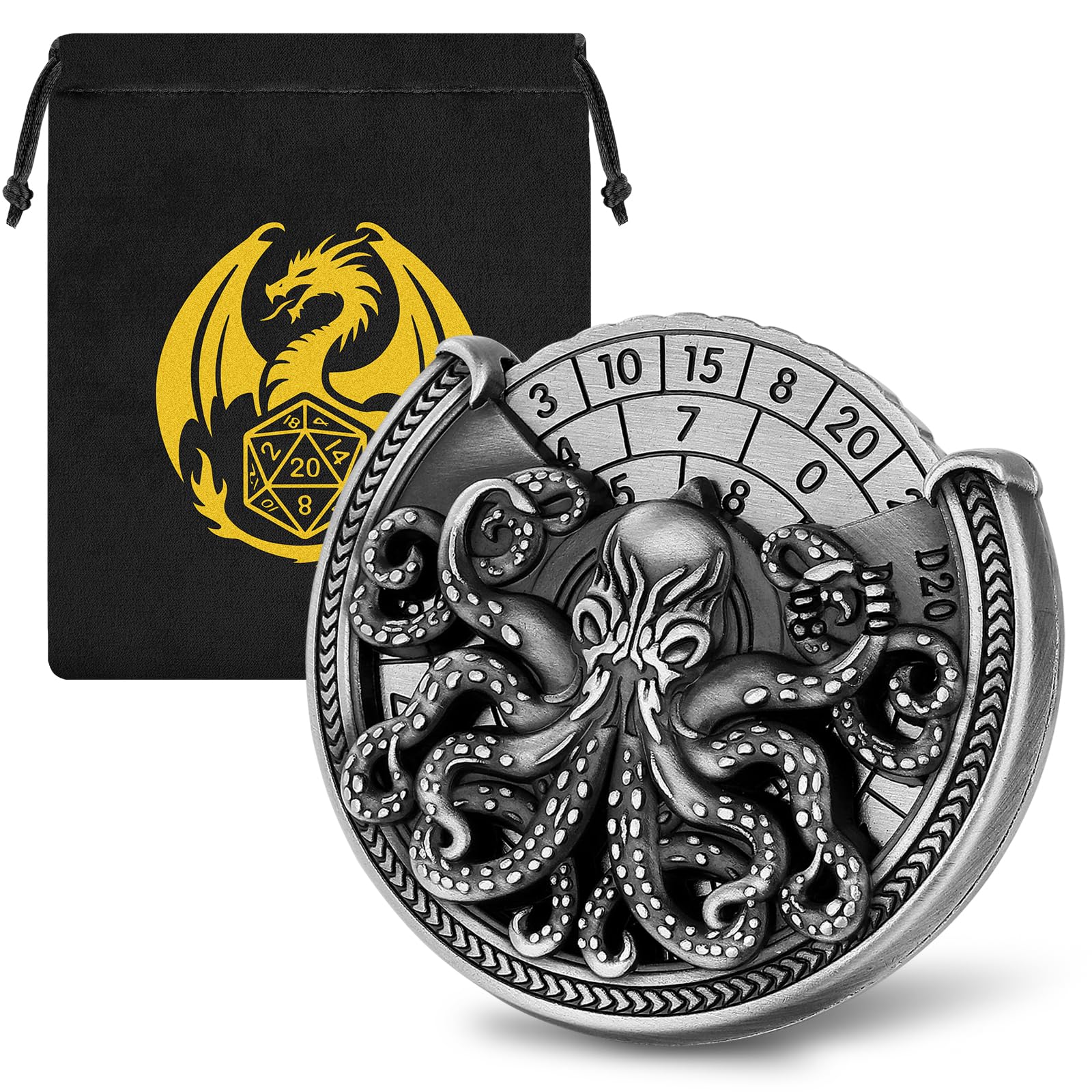DND Wheel Cube Spinner, DND Dice Set, 7-in-1 Octopus Metallic D&D Dice, Octopus Roulette Dice Spinner for DND Dice Set, D&D Gifts with Dragon Logo Gift Bag,Role Playing Board Game Accessories, Silver