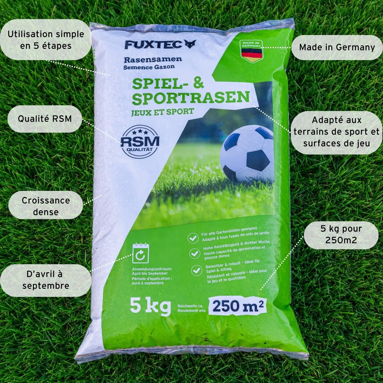 FUXTEC FX-RSSP5 Graines de pelouse, gazon de jardin robuste pour semis neuf et ultérieur, grande capacité de germination, croissance dense, résistante et résistante à l'écrasement, 5 kg pour env. 250