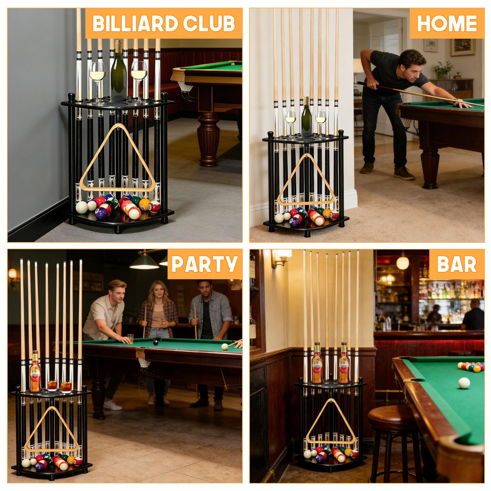 Support de sol pour quilles de billard avec 16 supports de balles de billard en bois massif pour 8 queues de billard, support d'angle pour salle de jeux, club, accessoires de table de billard (noir)